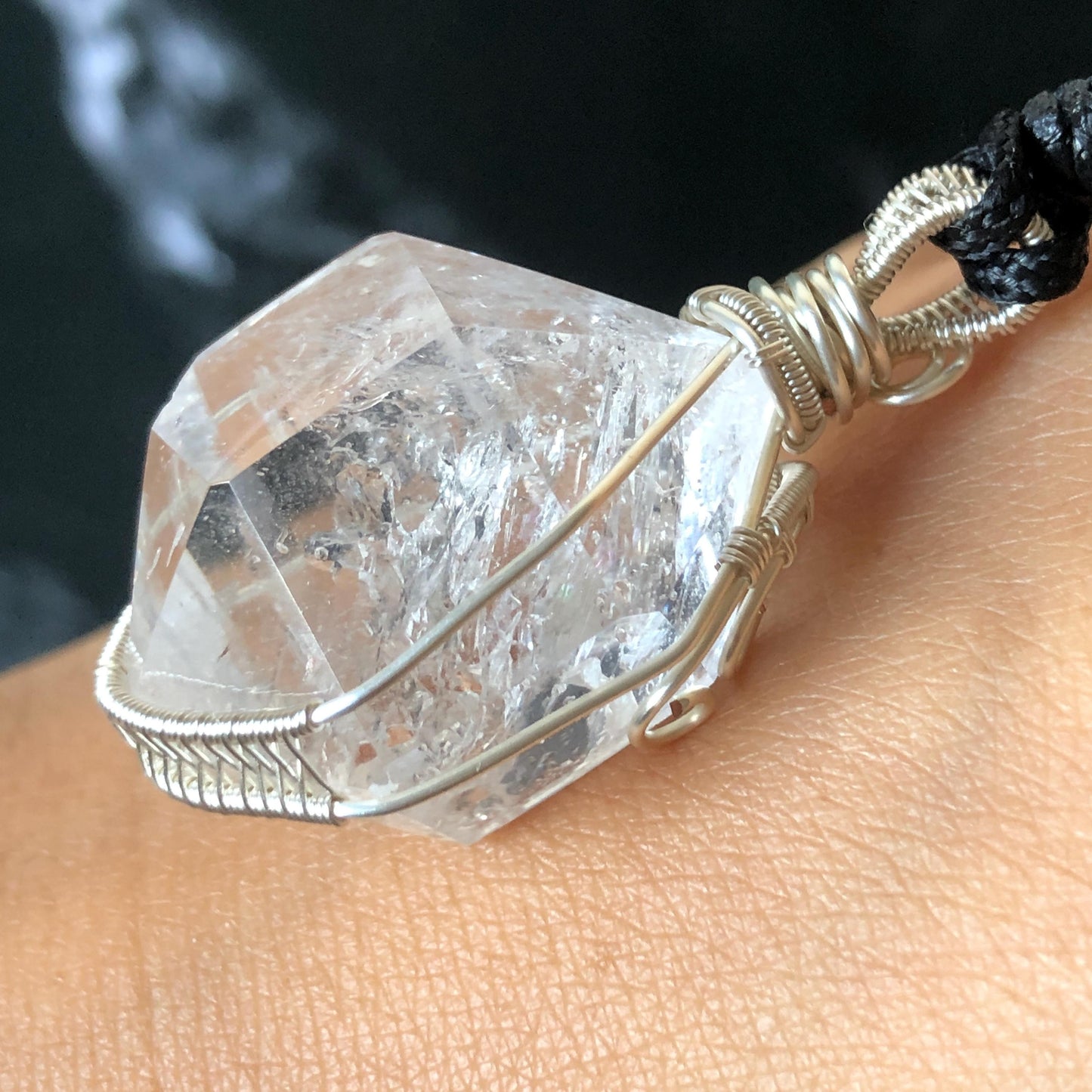 Polished Rainbow Enhydro Quartz (Herkimer Diamond) Wire Wrapped Pendant Adjustable Necklace: Moving Clear Bubble Inclusion Crystal | Natural Gemstone Birthstone Gift for her enhydro quartz sand water-fall pendant necklace choker gemstone charm stone pendant choker polished stone pendant crystal charm birthstone gift for her men necklace chakra crystal purify stone minerals specimen adjustable choker mica quartz mica flakes silver wire wrapped pendant