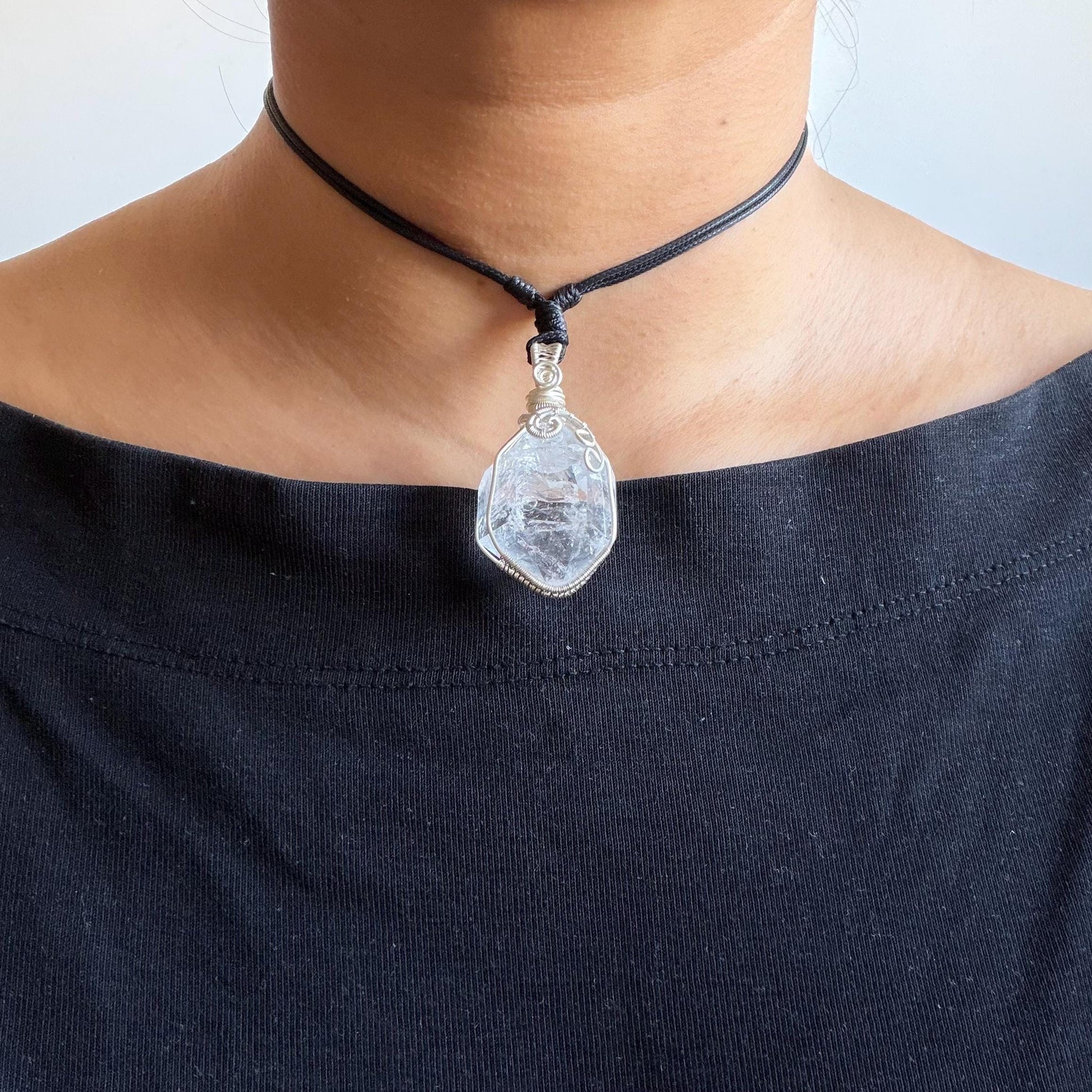 Polished Rainbow Enhydro Quartz (Herkimer Diamond) Wire Wrapped Pendant Adjustable Necklace: Moving Clear Bubble Inclusion Crystal | Natural Gemstone Birthstone Gift for her enhydro quartz sand water-fall pendant necklace choker gemstone charm stone pendant choker polished stone pendant crystal charm birthstone gift for her men necklace chakra crystal purify stone minerals specimen adjustable choker mica quartz mica flakes silver wire wrapped pendant