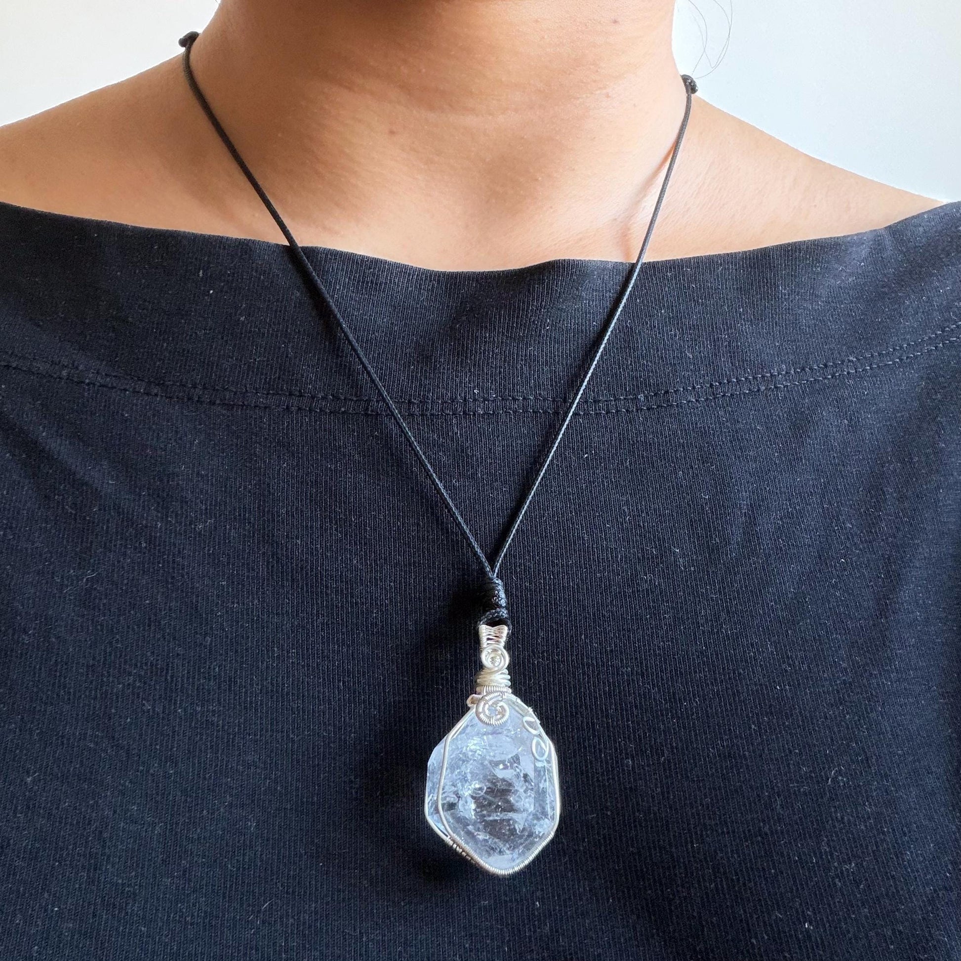 Polished Rainbow Enhydro Quartz (Herkimer Diamond) Wire Wrapped Pendant Adjustable Necklace: Moving Clear Bubble Inclusion Crystal | Natural Gemstone Birthstone Gift for her enhydro quartz sand water-fall pendant necklace choker gemstone charm stone pendant choker polished stone pendant crystal charm birthstone gift for her men necklace chakra crystal purify stone minerals specimen adjustable choker mica quartz mica flakes silver wire wrapped pendant