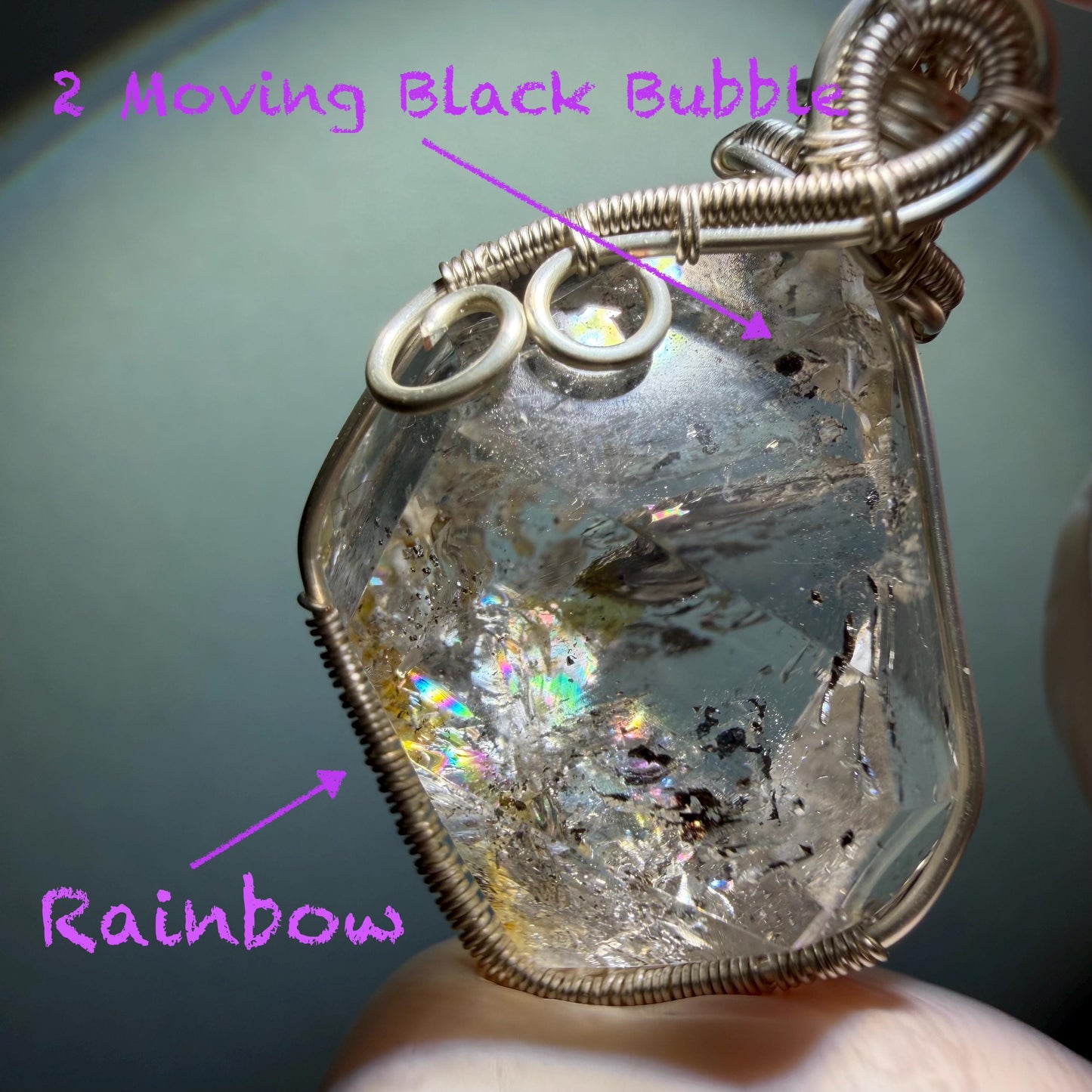 Polished Rainbow Enhydro Quartz (Herkimer Diamond) Wire Wrapped Pendant Adjustable Necklace: 2 Moving Black Bubble Inclusion Crystal | Natural Gemstone Birthstone Gift for her enhydro quartz sand water-fall pendant necklace choker gemstone charm stone pendant choker polished stone pendant crystal charm birthstone gift for her men necklace chakra crystal purify stone minerals specimen adjustable choker mica quartz mica flakes silver wire wrapped pendant