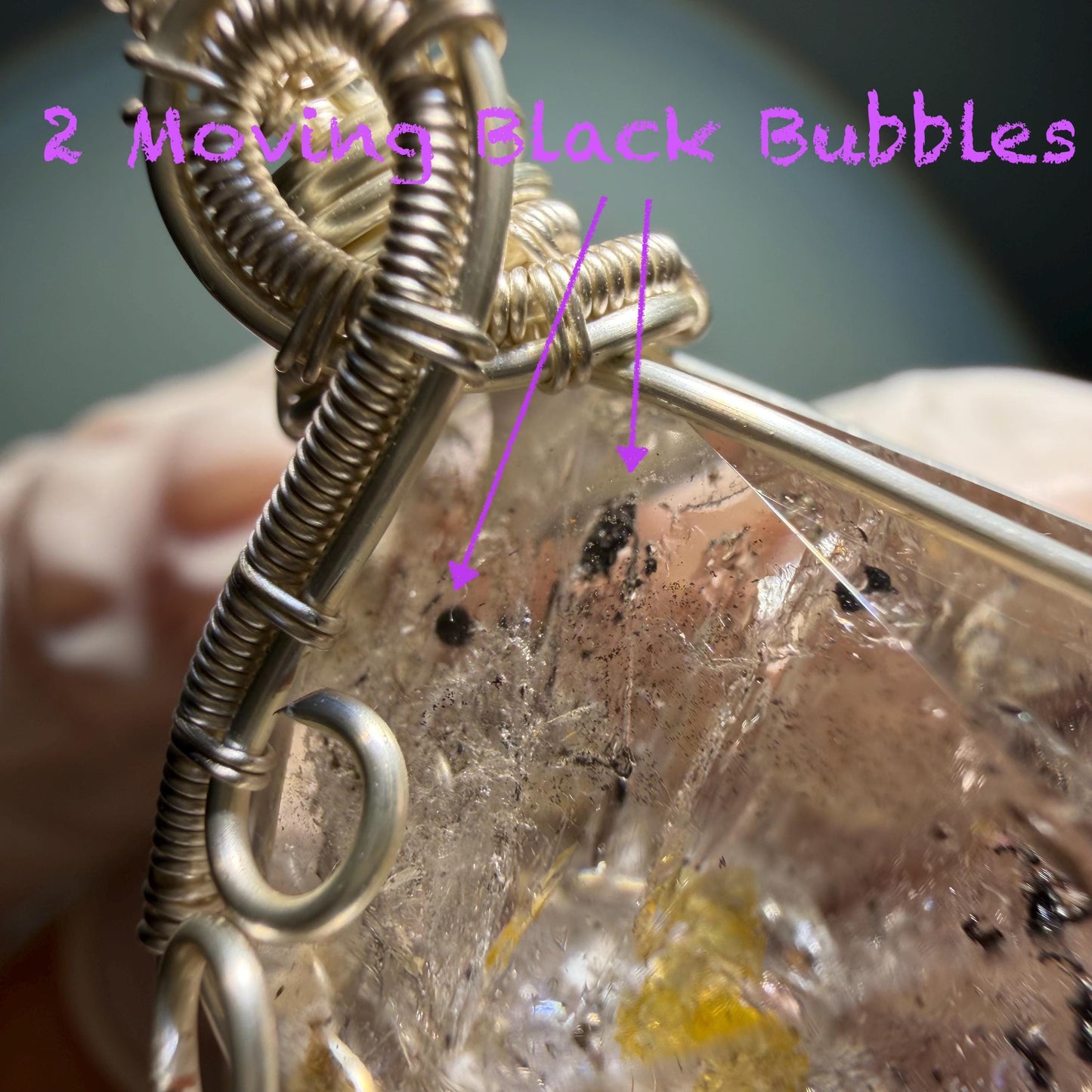 Polished Rainbow Enhydro Quartz (Herkimer Diamond) Wire Wrapped Pendant Adjustable Necklace: 2 Moving Black Bubble Inclusion Crystal | Natural Gemstone Birthstone Gift for her enhydro quartz sand water-fall pendant necklace choker gemstone charm stone pendant choker polished stone pendant crystal charm birthstone gift for her men necklace chakra crystal purify stone minerals specimen adjustable choker mica quartz mica flakes silver wire wrapped pendant