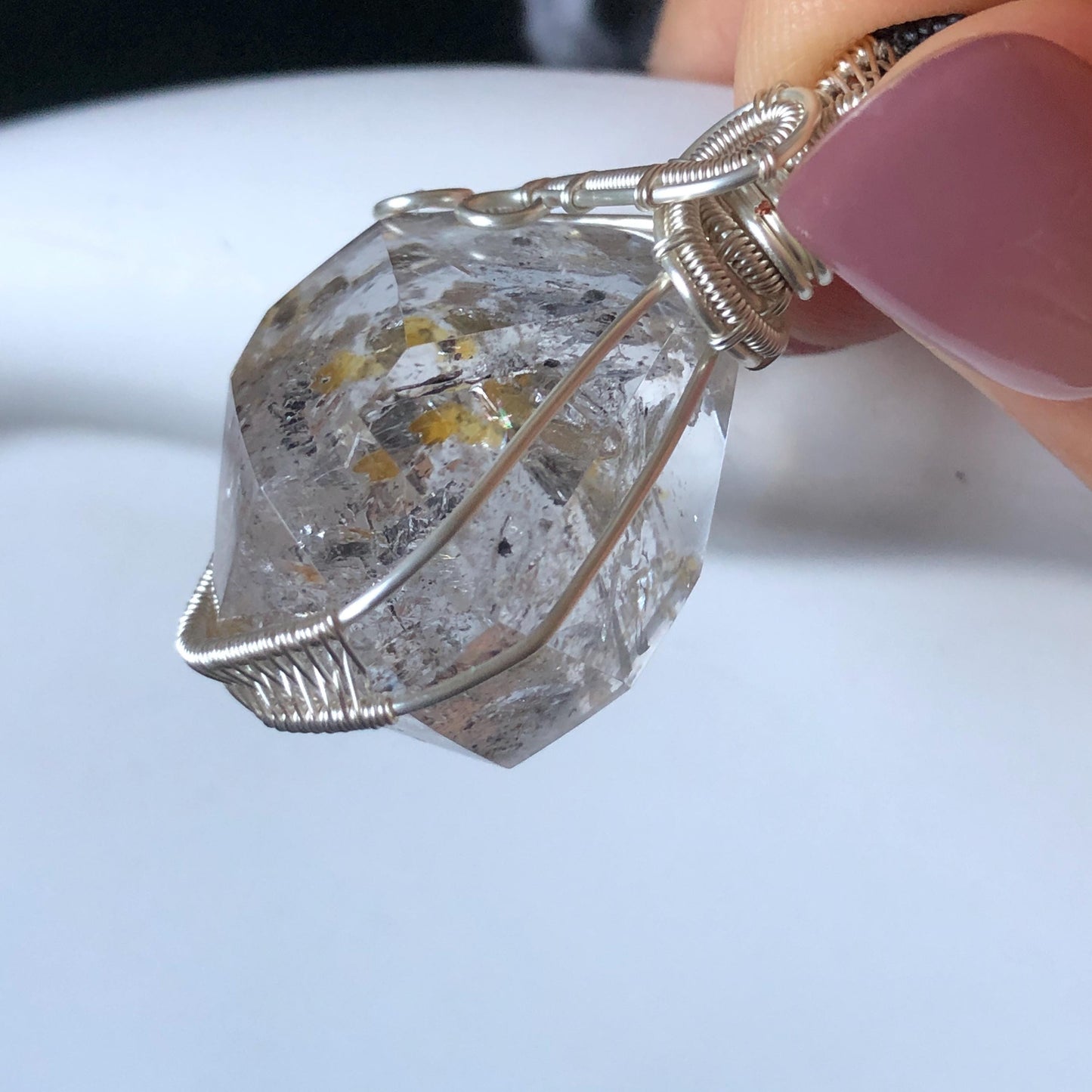 Polished Rainbow Enhydro Quartz (Herkimer Diamond) Wire Wrapped Pendant Adjustable Necklace: 2 Moving Black Bubble Inclusion Crystal | Natural Gemstone Birthstone Gift for her enhydro quartz sand water-fall pendant necklace choker gemstone charm stone pendant choker polished stone pendant crystal charm birthstone gift for her men necklace chakra crystal purify stone minerals specimen adjustable choker mica quartz mica flakes silver wire wrapped pendant