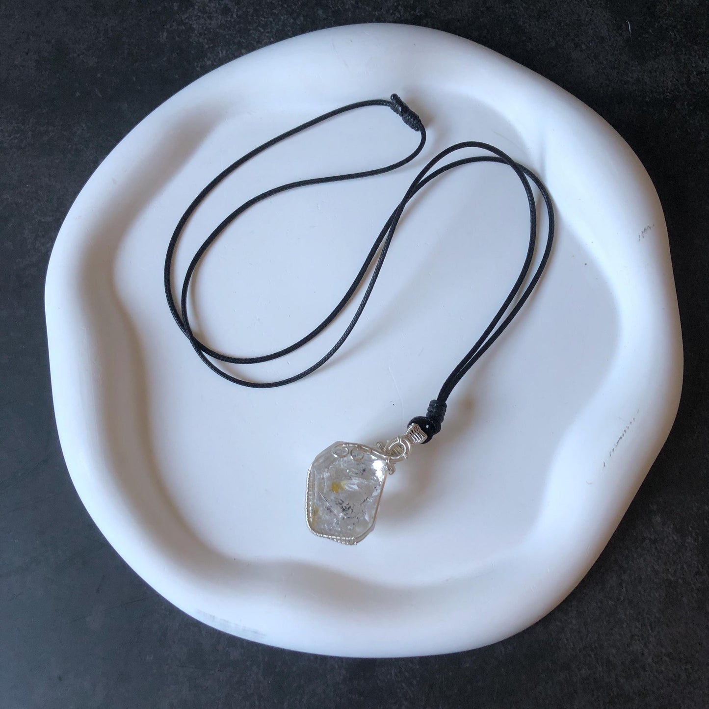 Polished Rainbow Enhydro Quartz (Herkimer Diamond) Wire Wrapped Pendant Adjustable Necklace: 2 Moving Black Bubble Inclusion Crystal | Natural Gemstone Birthstone Gift for her enhydro quartz sand water-fall pendant necklace choker gemstone charm stone pendant choker polished stone pendant crystal charm birthstone gift for her men necklace chakra crystal purify stone minerals specimen adjustable choker mica quartz mica flakes silver wire wrapped pendant