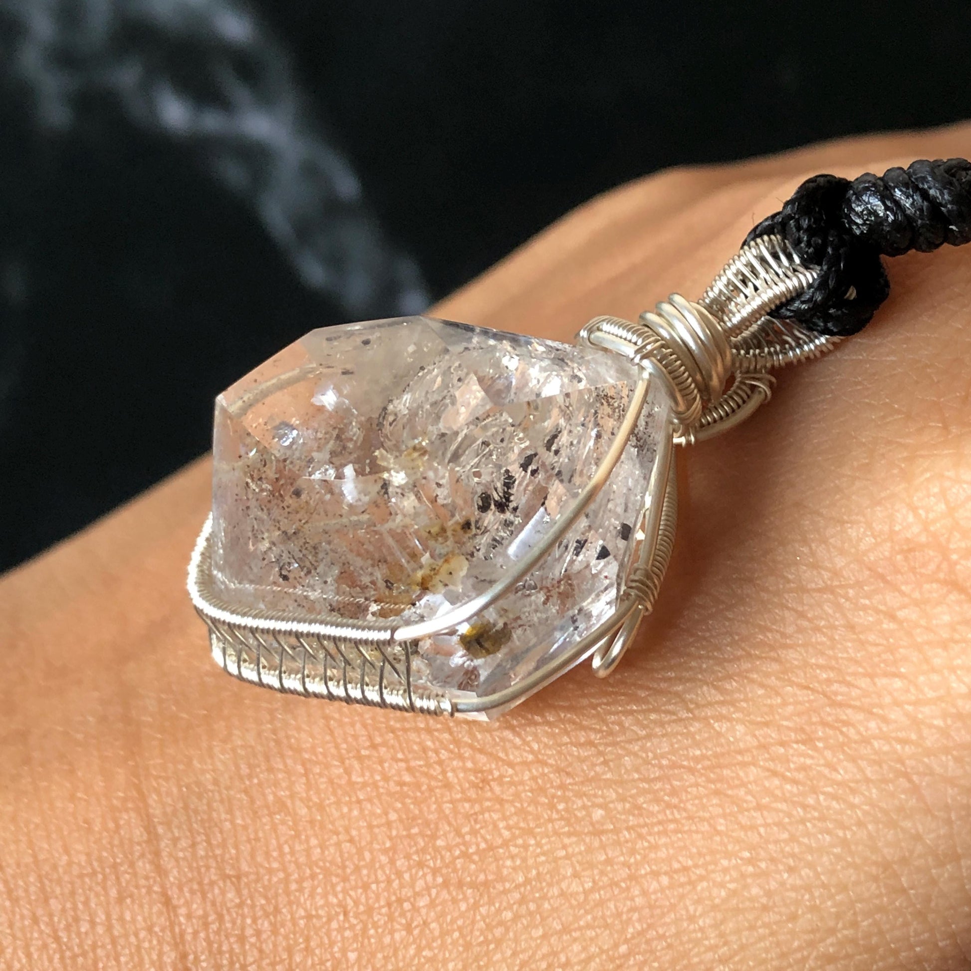 Polished Rainbow Enhydro Quartz (Herkimer Diamond) Wire Wrapped Pendant Adjustable Necklace: 2 Moving Black Bubble Inclusion Crystal | Natural Gemstone Birthstone Gift for her enhydro quartz sand water-fall pendant necklace choker gemstone charm stone pendant choker polished stone pendant crystal charm birthstone gift for her men necklace chakra crystal purify stone minerals specimen adjustable choker mica quartz mica flakes silver wire wrapped pendant