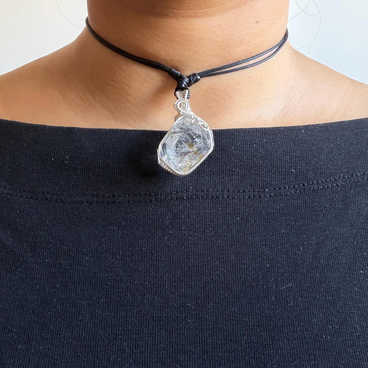 Polished Rainbow Enhydro Quartz (Herkimer Diamond) Wire Wrapped Pendant Adjustable Necklace: 2 Moving Black Bubble Inclusion Crystal | Natural Gemstone Birthstone Gift for her enhydro quartz sand water-fall pendant necklace choker gemstone charm stone pendant choker polished stone pendant crystal charm birthstone gift for her men necklace chakra crystal purify stone minerals specimen adjustable choker mica quartz mica flakes silver wire wrapped pendant