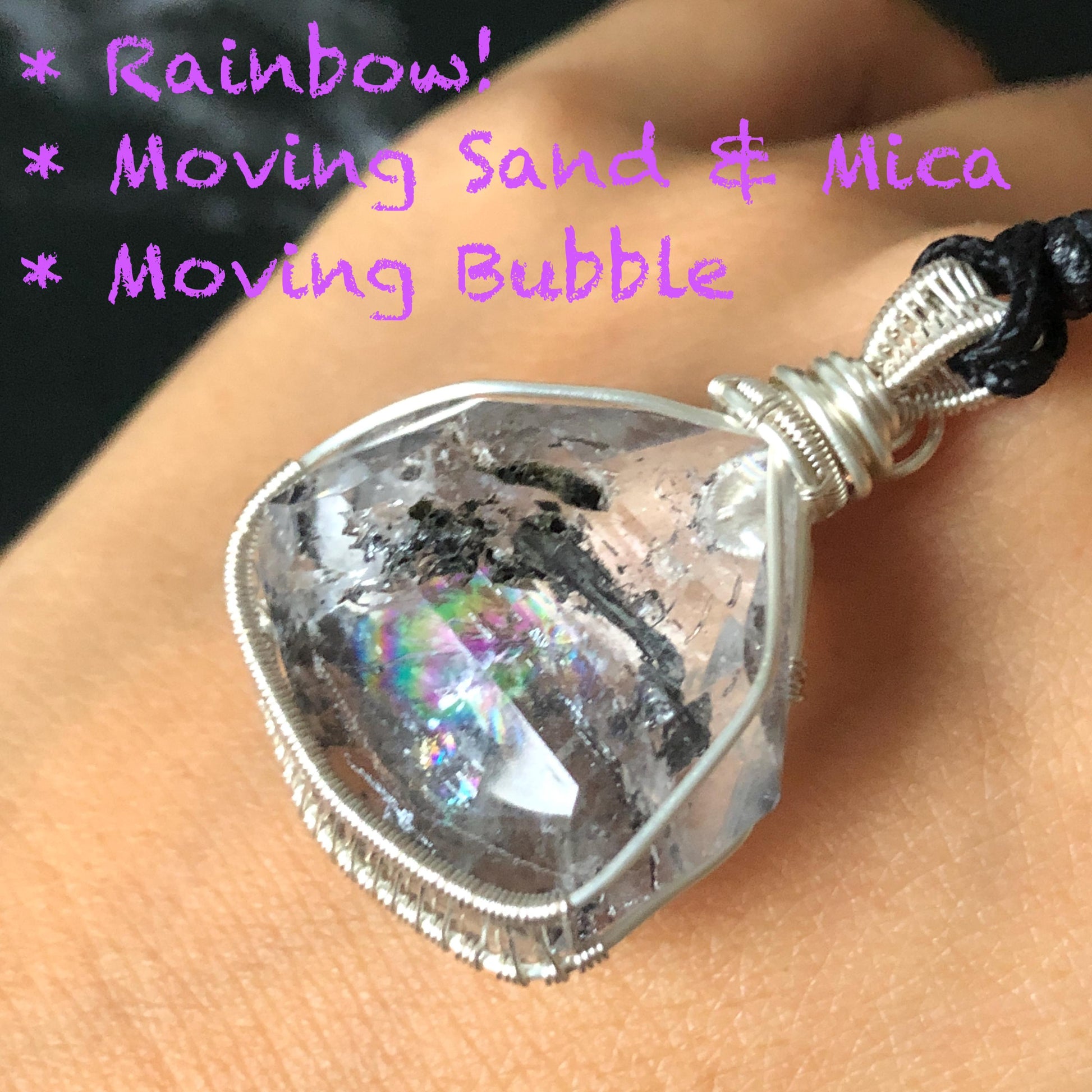 Rare Polished Enhydro Quartz (Herkimer Diamond) Wire Wrapped Pendant Adjustable Necklace: Sand Waterfall! Moving Sand & Mica, Clear Bubble Inclusion Crystal | Natural Gemstone Birthstone Gift for her enhydro quartz sand water-fall pendant necklace choker gemstone charm stone pendant choker polished stone pendant crystal charm birthstone gift for her men necklace chakra crystal purify stone minerals specimen adjustable choker mica quartz mica flakes silver wire wrapped pendant