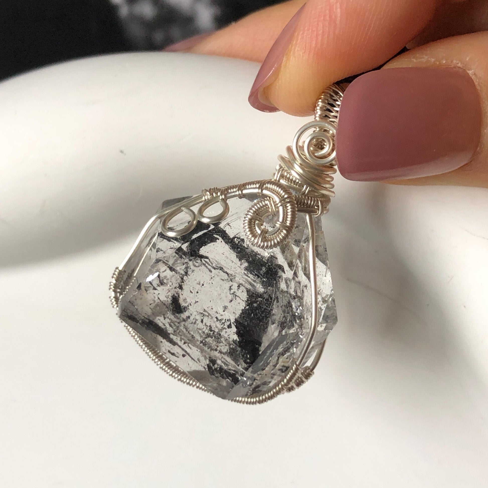 Rare Polished Enhydro Quartz (Herkimer Diamond) Wire Wrapped Pendant Adjustable Necklace: Sand Waterfall! Moving Sand & Mica, Clear Bubble Inclusion Crystal | Natural Gemstone Birthstone Gift for her enhydro quartz sand water-fall pendant necklace choker gemstone charm stone pendant choker polished stone pendant crystal charm birthstone gift for her men necklace chakra crystal purify stone minerals specimen adjustable choker mica quartz mica flakes silver wire wrapped pendant