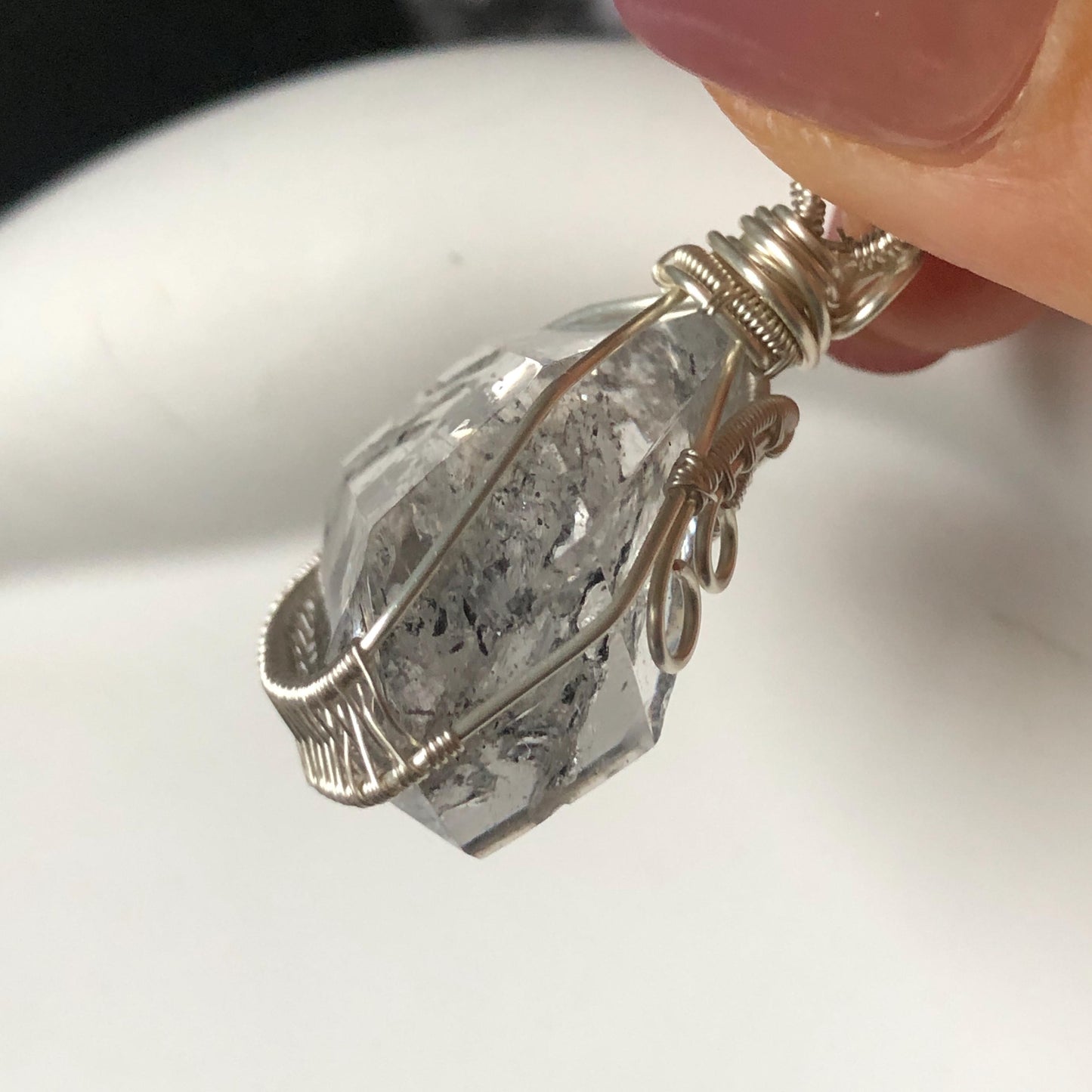 Rare Polished Enhydro Quartz (Herkimer Diamond) Wire Wrapped Pendant Adjustable Necklace: Sand Waterfall! Moving Sand & Mica, Clear Bubble Inclusion Crystal | Natural Gemstone Birthstone Gift for her enhydro quartz sand water-fall pendant necklace choker gemstone charm stone pendant choker polished stone pendant crystal charm birthstone gift for her men necklace chakra crystal purify stone minerals specimen adjustable choker mica quartz mica flakes silver wire wrapped pendant