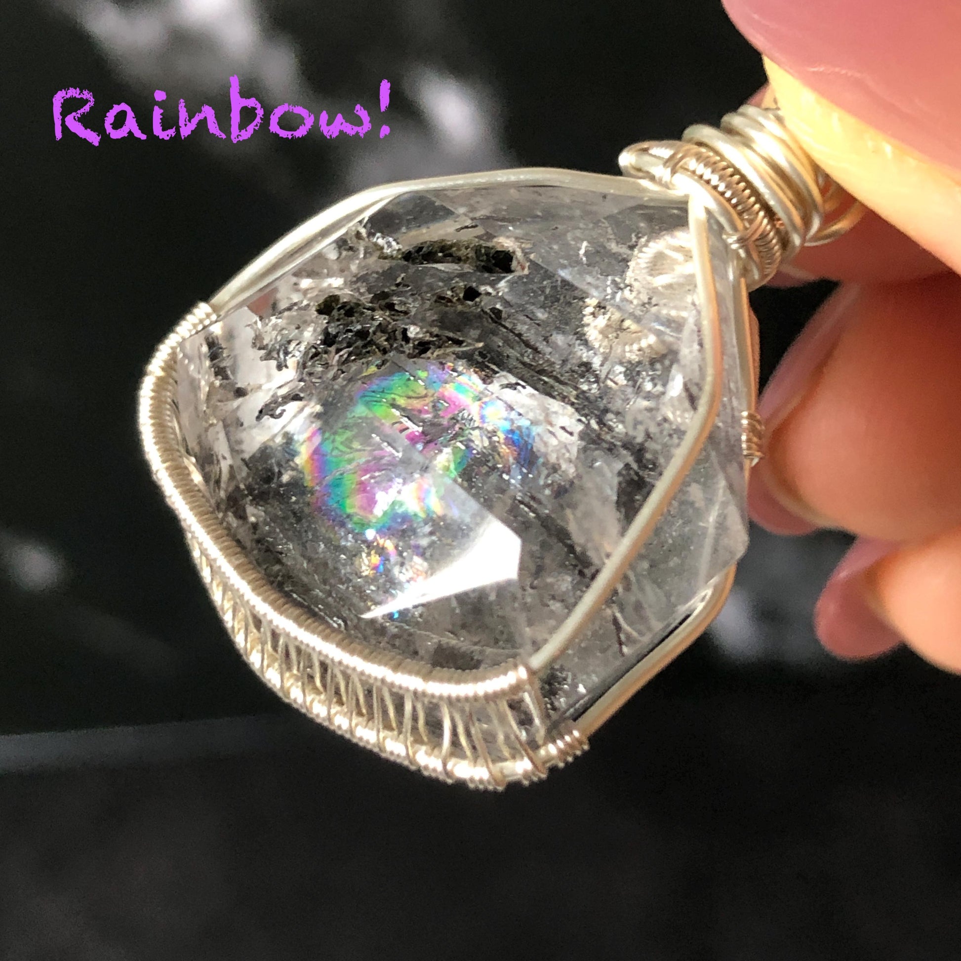 Rare Polished Enhydro Quartz (Herkimer Diamond) Wire Wrapped Pendant Adjustable Necklace: Sand Waterfall! Moving Sand & Mica, Clear Bubble Inclusion Crystal | Natural Gemstone Birthstone Gift for her enhydro quartz sand water-fall pendant necklace choker gemstone charm stone pendant choker polished stone pendant crystal charm birthstone gift for her men necklace chakra crystal purify stone minerals specimen adjustable choker mica quartz mica flakes silver wire wrapped pendant