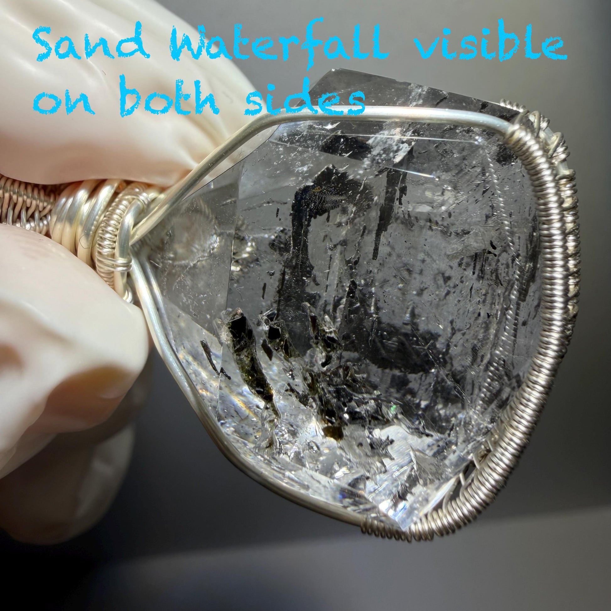 Rare Polished Enhydro Quartz (Herkimer Diamond) Wire Wrapped Pendant Adjustable Necklace: Sand Waterfall! Moving Sand & Mica, Clear Bubble Inclusion Crystal | Natural Gemstone Birthstone Gift for her enhydro quartz sand water-fall pendant necklace choker gemstone charm stone pendant choker polished stone pendant crystal charm birthstone gift for her men necklace chakra crystal purify stone minerals specimen adjustable choker mica quartz mica flakes silver wire wrapped pendant