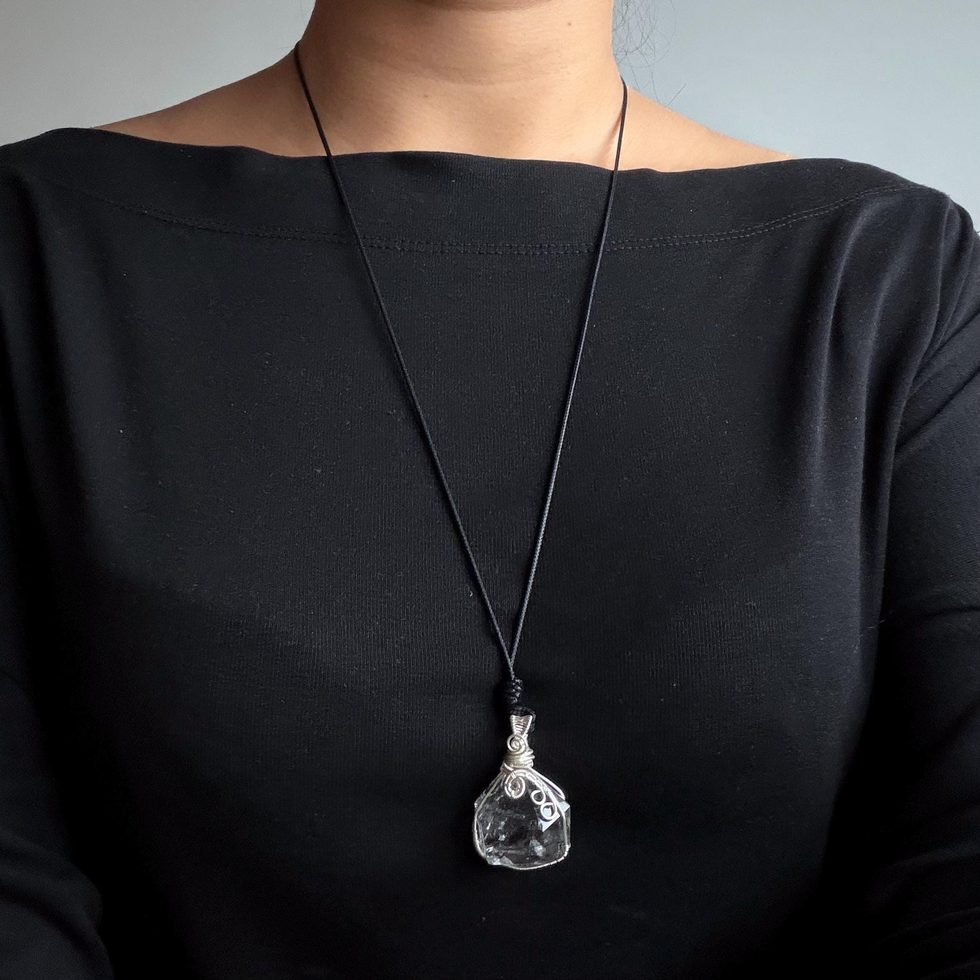 Rare Polished Enhydro Quartz (Herkimer Diamond) Wire Wrapped Pendant Adjustable Necklace: Sand Waterfall! Moving Sand & Mica, Clear Bubble Inclusion Crystal | Natural Gemstone Birthstone Gift for her enhydro quartz sand water-fall pendant necklace choker gemstone charm stone pendant choker polished stone pendant crystal charm birthstone gift for her men necklace chakra crystal purify stone minerals specimen adjustable choker mica quartz mica flakes silver wire wrapped pendant