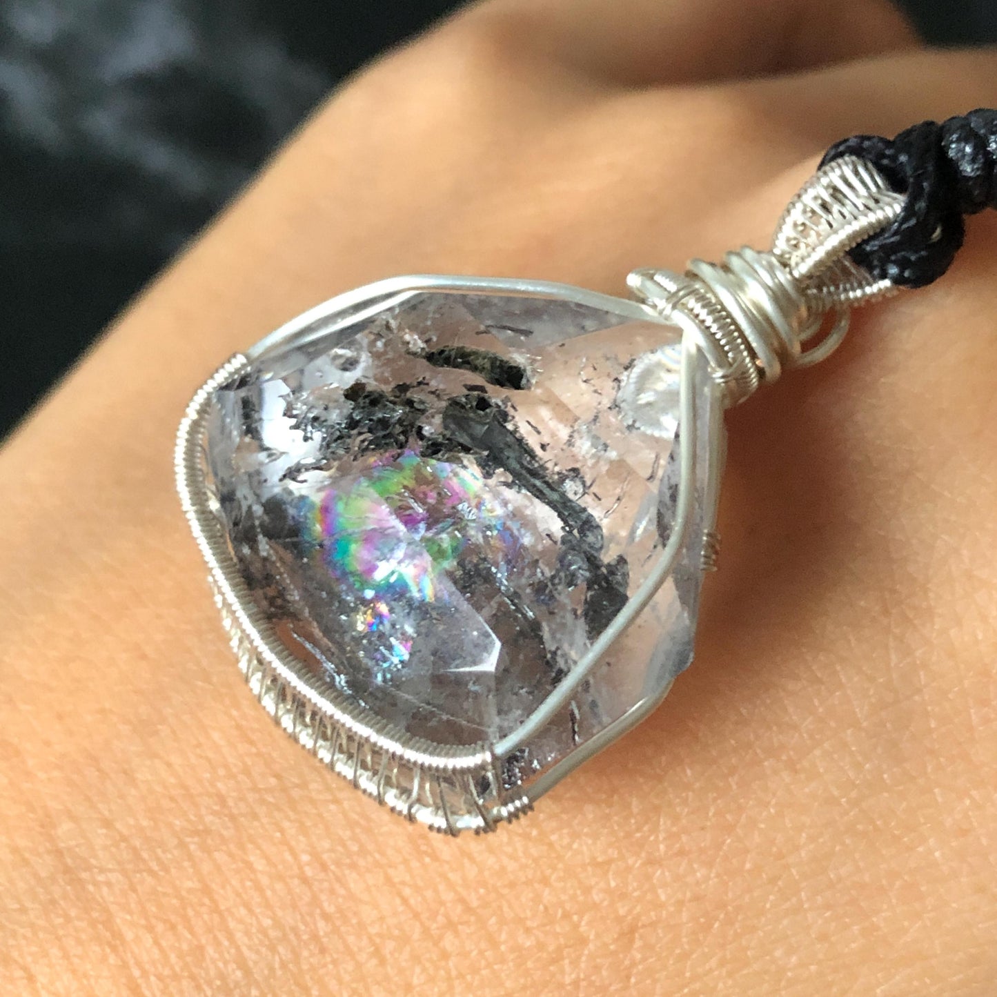 Rare Polished Enhydro Quartz (Herkimer Diamond) Wire Wrapped Pendant Adjustable Necklace: Sand Waterfall! Moving Sand & Mica, Clear Bubble Inclusion Crystal | Natural Gemstone Birthstone Gift for her enhydro quartz sand water-fall pendant necklace choker gemstone charm stone pendant choker polished stone pendant crystal charm birthstone gift for her men necklace chakra crystal purify stone minerals specimen adjustable choker mica quartz mica flakes silver wire wrapped pendant