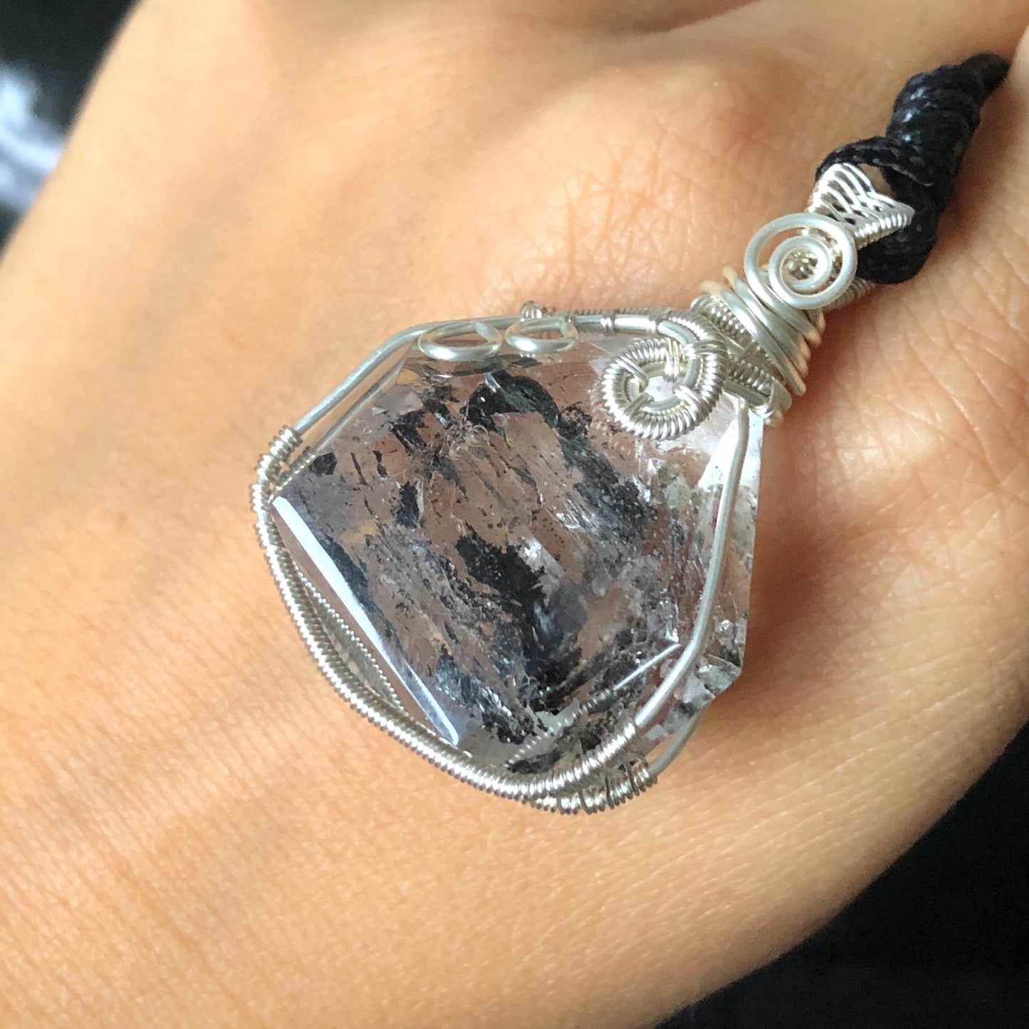 Rare Polished Enhydro Quartz (Herkimer Diamond) Wire Wrapped Pendant Adjustable Necklace: Sand Waterfall! Moving Sand & Mica, Clear Bubble Inclusion Crystal | Natural Gemstone Birthstone Gift for her enhydro quartz sand water-fall pendant necklace choker gemstone charm stone pendant choker polished stone pendant crystal charm birthstone gift for her men necklace chakra crystal purify stone minerals specimen adjustable choker mica quartz mica flakes silver wire wrapped pendant