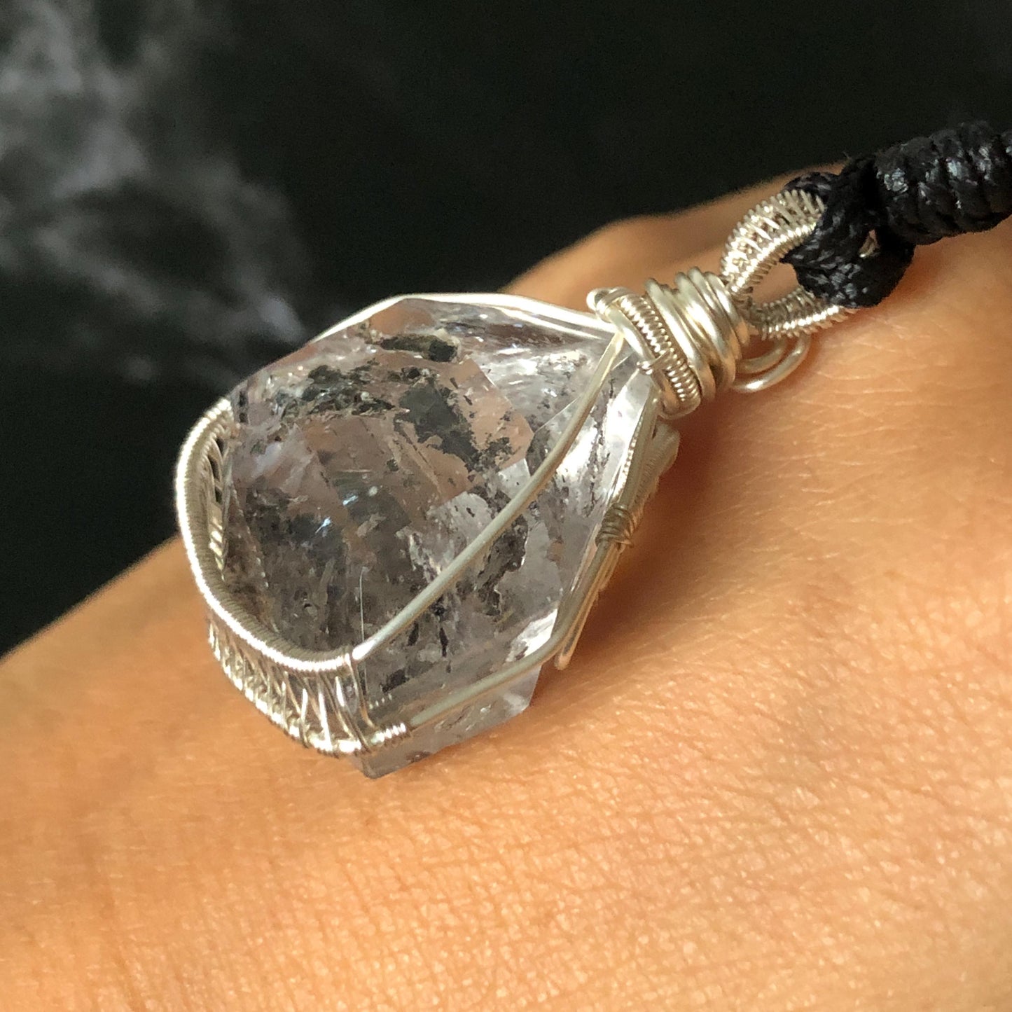 Rare Polished Enhydro Quartz (Herkimer Diamond) Wire Wrapped Pendant Adjustable Necklace: Sand Waterfall! Moving Sand & Mica, Clear Bubble Inclusion Crystal | Natural Gemstone Birthstone Gift for her enhydro quartz sand water-fall pendant necklace choker gemstone charm stone pendant choker polished stone pendant crystal charm birthstone gift for her men necklace chakra crystal purify stone minerals specimen adjustable choker mica quartz mica flakes silver wire wrapped pendant