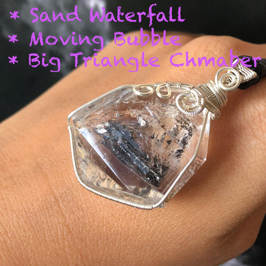 Rare Polished Enhydro Quartz (Herkimer Diamond) Wire Wrapped Pendant Adjustable Necklace: Sand Waterfall! Moving Sand & Clear Bubble Inclusion Crystal | Natural Gemstone Birthstone Gift for her enhydro quartz sand water-fall pendant necklace choker gemstone charm stone pendant choker polished stone pendant crystal charm birthstone gift for her men necklace chakra crystal purify stone minerals specimen adjustable choker mica quartz mica flakes silver wire wrapped pendant