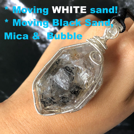 Polished Enhydro Skeleton Quartz (Herkimer Diamond) Wire Wrapped Pendant Adjustable Necklace: Moving White Sand, Black Sand, Black Mica, Black Bubble Inclusion Crystal | Natural Gemstone Birthstone enhydro quartz sand water-fall  choker gemstone charm stone pendant choker polished stone pendant crystal charm birthstone men necklace chakra crystal purify stone minerals specimen adjustable choker mica quartz mica flakes silver wire wrapped pendant yellow clay skeleton crystal Elestial Quartz