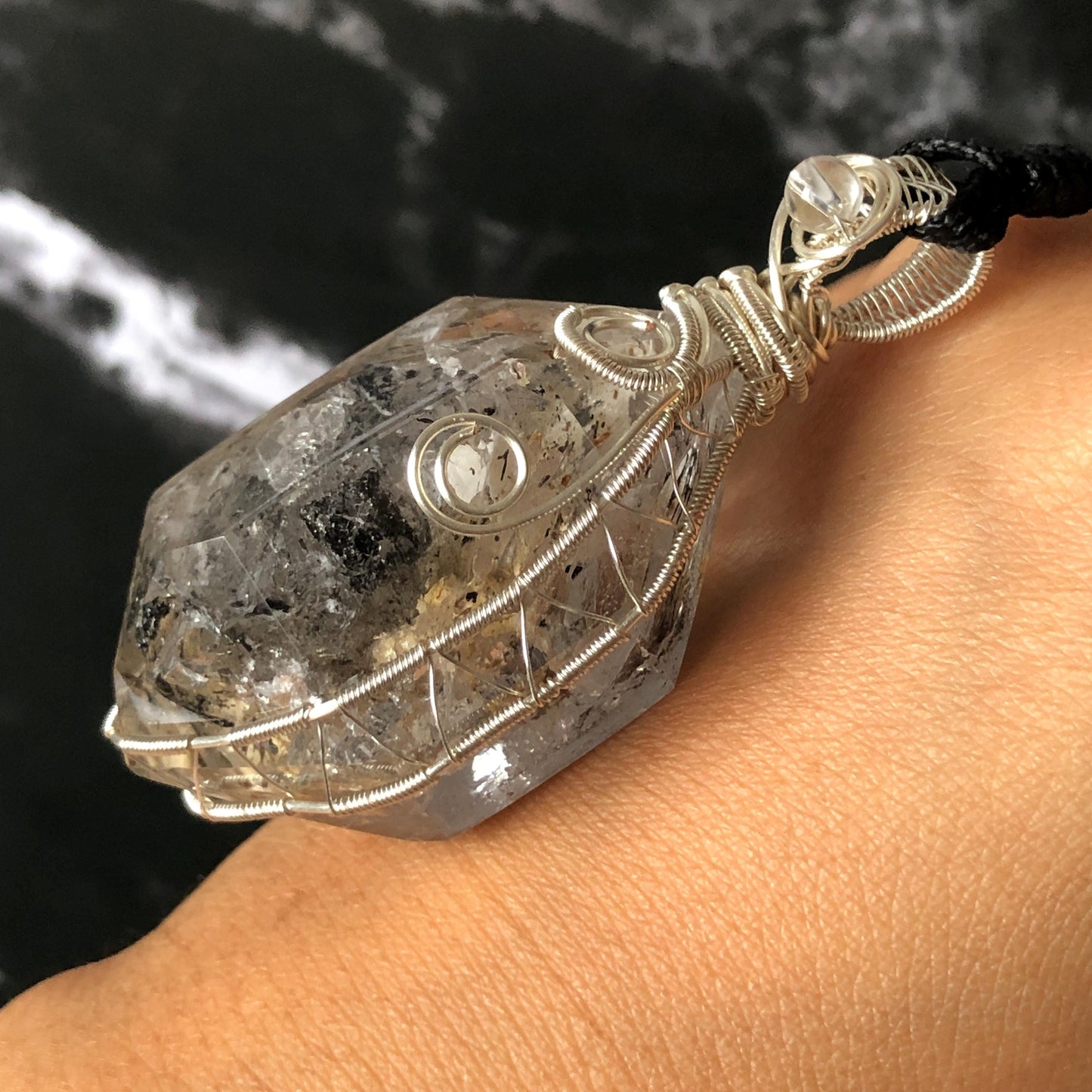 Polished Enhydro Skeleton Quartz (Herkimer Diamond) Wire Wrapped Pendant Adjustable Necklace: Moving White Sand, Black Sand, Black Mica, Black Bubble Inclusion Crystal | Natural Gemstone Birthstone enhydro quartz sand water-fall  choker gemstone charm stone pendant choker polished stone pendant crystal charm birthstone men necklace chakra crystal purify stone minerals specimen adjustable choker mica quartz mica flakes silver wire wrapped pendant yellow clay skeleton crystal Elestial Quartz