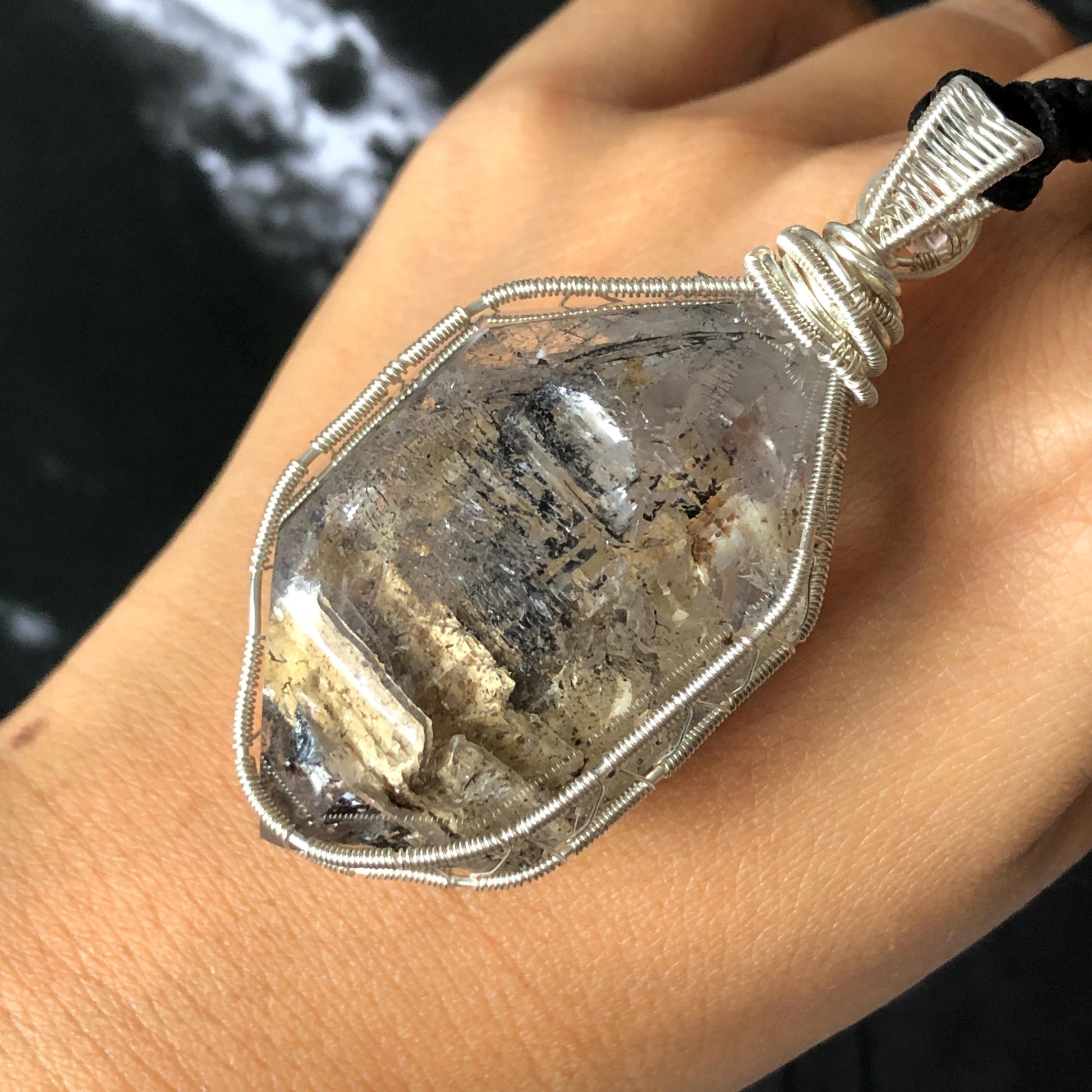 Polished Enhydro Skeleton Quartz (Herkimer Diamond) Wire Wrapped Pendant Adjustable Necklace: Moving White Sand, Black Sand, Black Mica, Black Bubble Inclusion Crystal | Natural Gemstone Birthstone enhydro quartz sand water-fall  choker gemstone charm stone pendant choker polished stone pendant crystal charm birthstone men necklace chakra crystal purify stone minerals specimen adjustable choker mica quartz mica flakes silver wire wrapped pendant yellow clay skeleton crystal Elestial Quartz