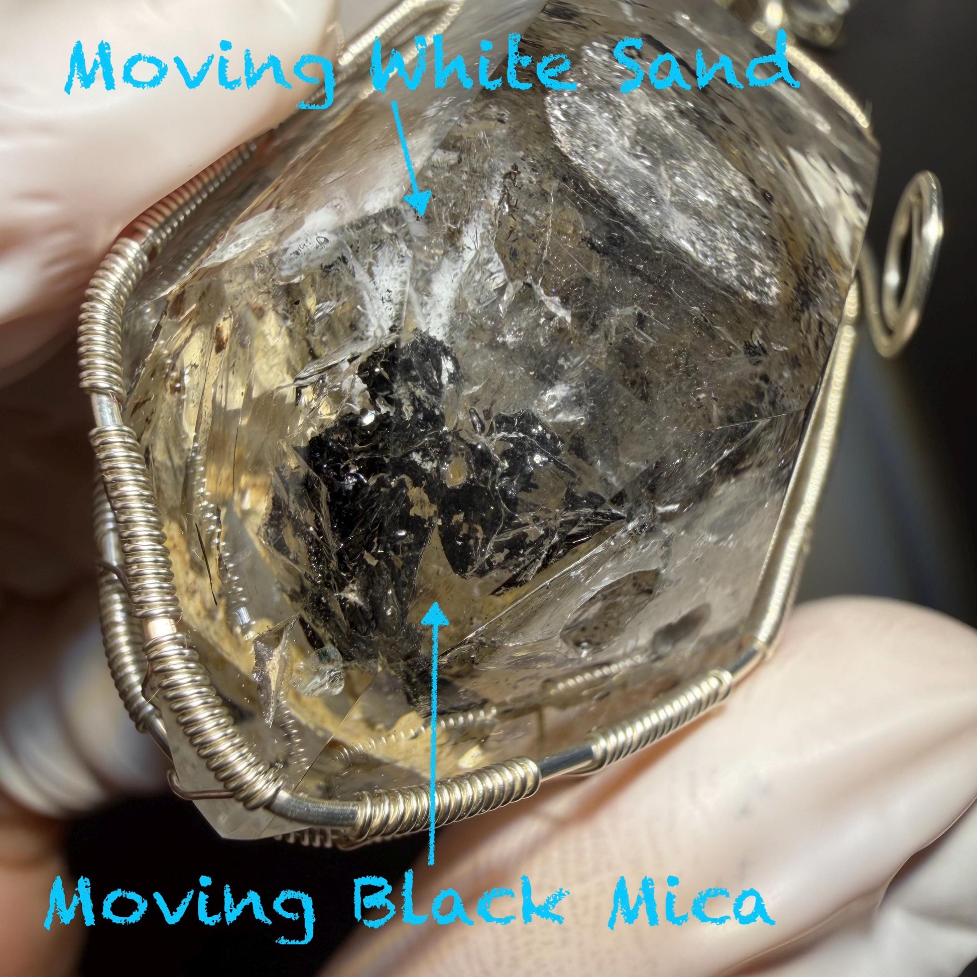 Polished Enhydro Skeleton Quartz (Herkimer Diamond) Wire Wrapped Pendant Adjustable Necklace: Moving White Sand, Black Sand, Black Mica, Black Bubble Inclusion Crystal | Natural Gemstone Birthstone enhydro quartz sand water-fall  choker gemstone charm stone pendant choker polished stone pendant crystal charm birthstone men necklace chakra crystal purify stone minerals specimen adjustable choker mica quartz mica flakes silver wire wrapped pendant yellow clay skeleton crystal Elestial Quartz