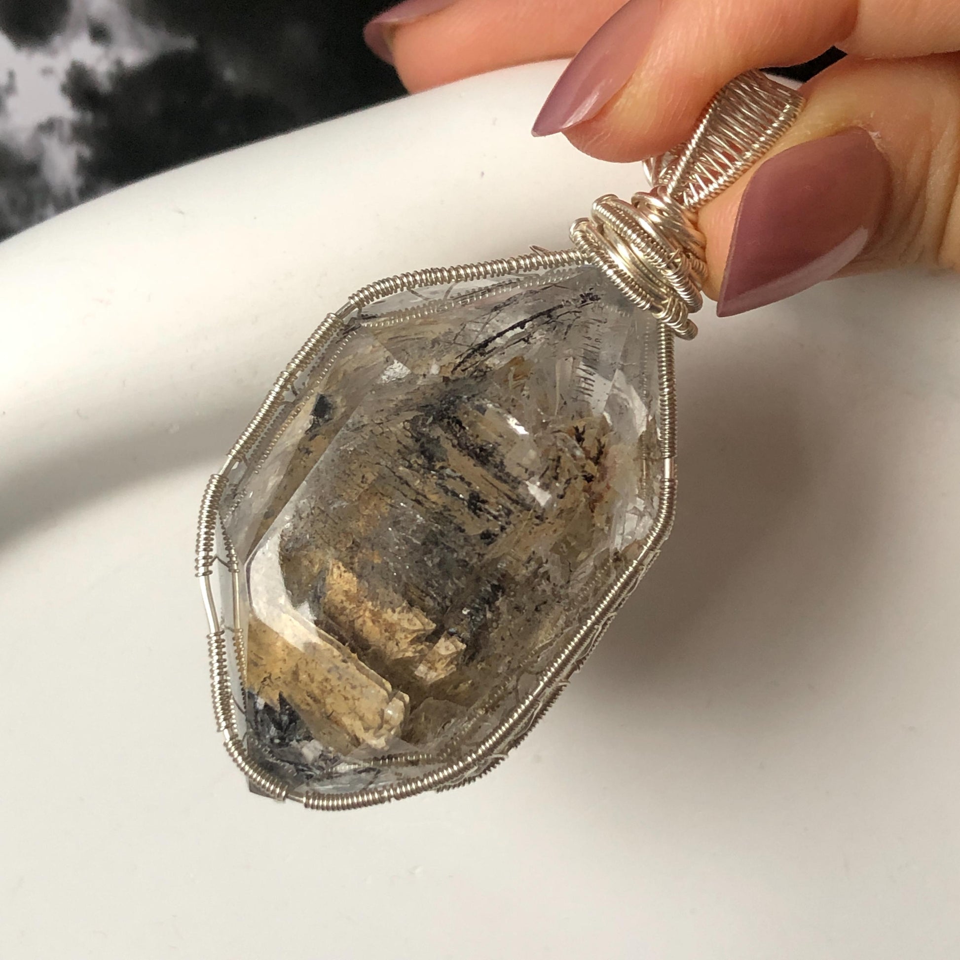 Polished Enhydro Skeleton Quartz (Herkimer Diamond) Wire Wrapped Pendant Adjustable Necklace: Moving White Sand, Black Sand, Black Mica, Black Bubble Inclusion Crystal | Natural Gemstone Birthstone enhydro quartz sand water-fall  choker gemstone charm stone pendant choker polished stone pendant crystal charm birthstone men necklace chakra crystal purify stone minerals specimen adjustable choker mica quartz mica flakes silver wire wrapped pendant yellow clay skeleton crystal Elestial Quartz
