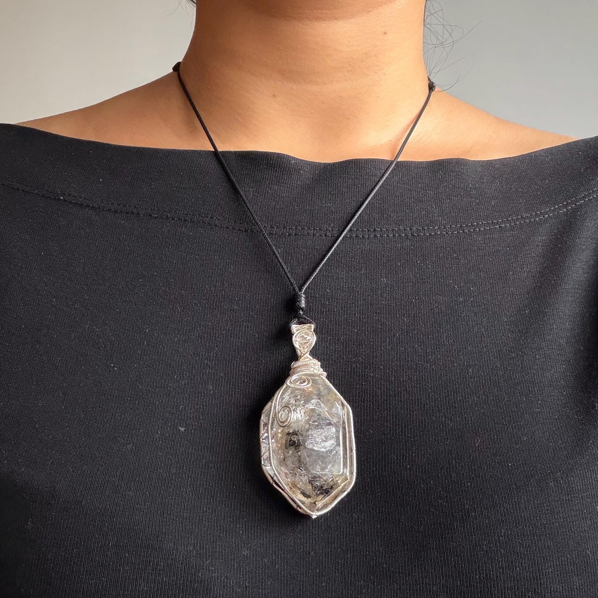 Polished Enhydro Skeleton Quartz (Herkimer Diamond) Pendant Necklace: Moving White Sand, Black Sand, Black Mica, Bubble Inclusion Crystal