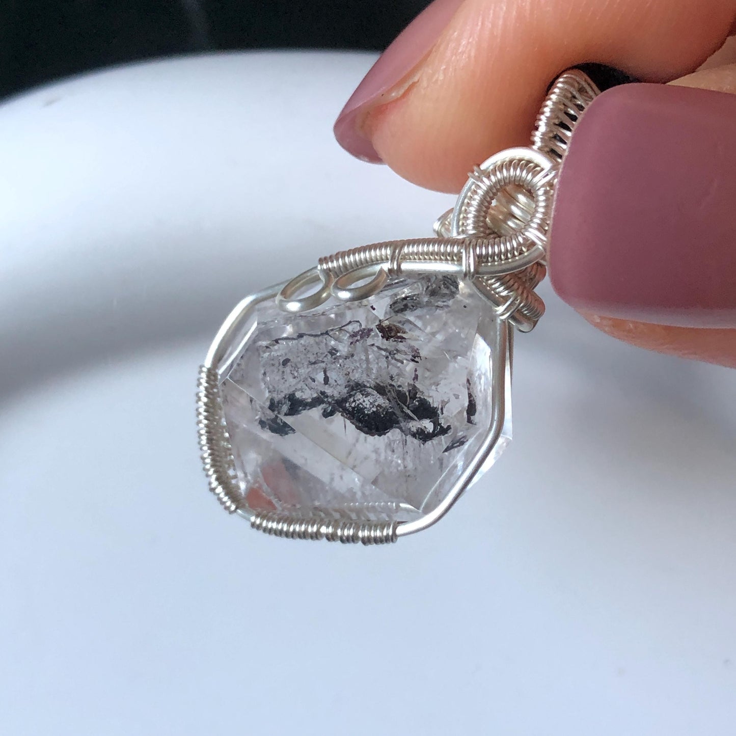 Rare Polished Enhydro Quartz (Herkimer Diamond) Wire Wrapped Pendant Adjustable Necklace | Moving Sand & Clear Bubble Inclusion Crystal | Natural Gemstone Birthstone Gift for her  enhydro quartz sand water-fall pendant necklace choker gemstone charm stone pendant choker polished stone pendant crystal charm birthstone gift for her men necklace chakra crystal purify stone minerals specimen adjustable choker mica quartz mica flakes silver wire wrapped pendant