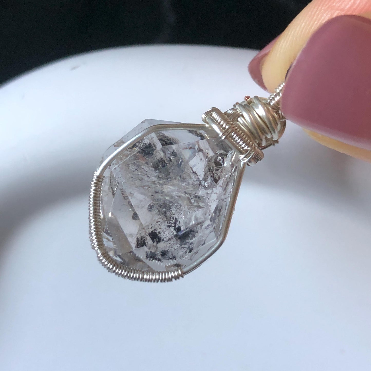 Rare Polished Enhydro Quartz (Herkimer Diamond) Wire Wrapped Pendant Adjustable Necklace | Moving Sand & Clear Bubble Inclusion Crystal | Natural Gemstone Birthstone Gift for her  enhydro quartz sand water-fall pendant necklace choker gemstone charm stone pendant choker polished stone pendant crystal charm birthstone gift for her men necklace chakra crystal purify stone minerals specimen adjustable choker mica quartz mica flakes silver wire wrapped pendant