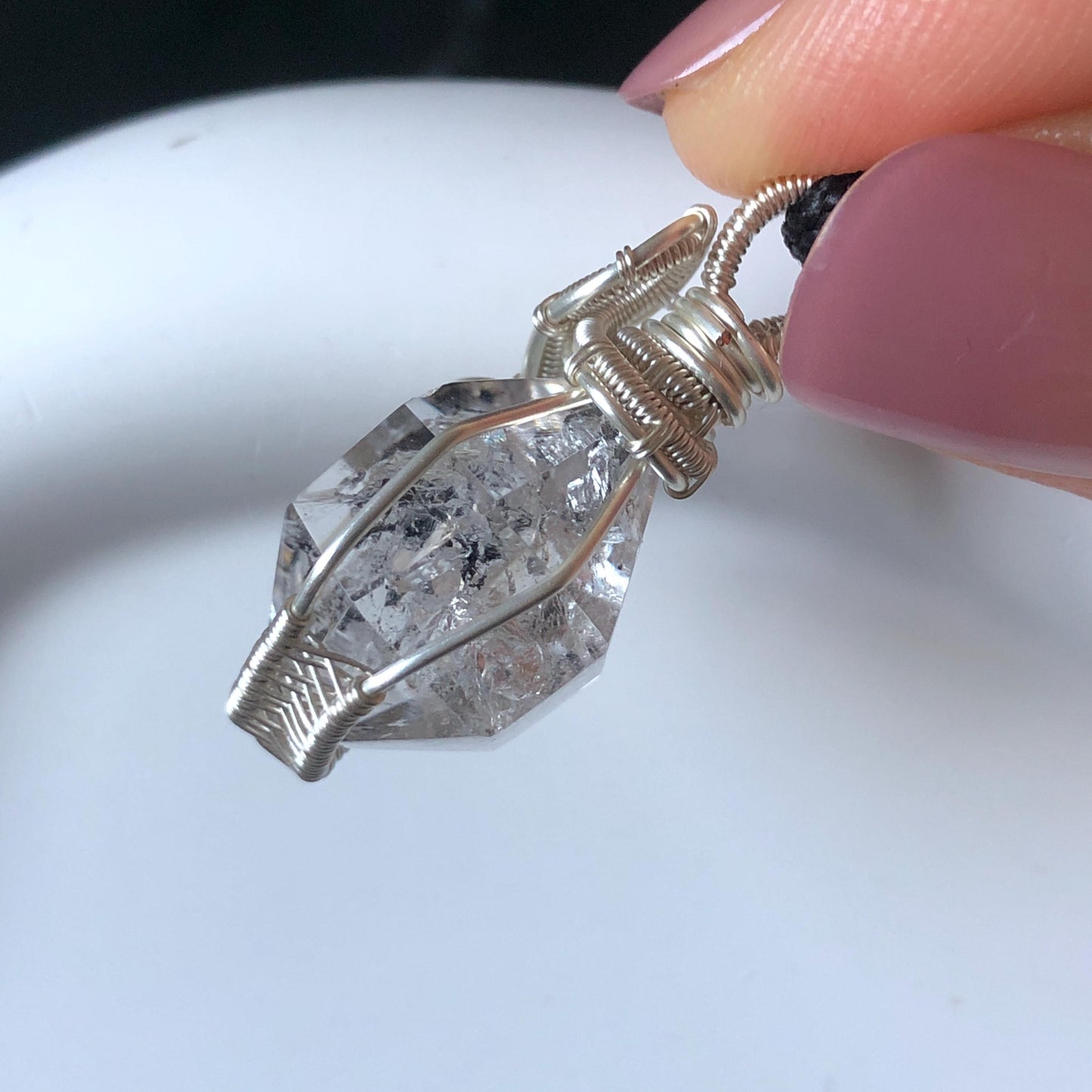 Rare Polished Enhydro Quartz (Herkimer Diamond) Wire Wrapped Pendant Adjustable Necklace | Moving Sand & Clear Bubble Inclusion Crystal | Natural Gemstone Birthstone Gift for her  enhydro quartz sand water-fall pendant necklace choker gemstone charm stone pendant choker polished stone pendant crystal charm birthstone gift for her men necklace chakra crystal purify stone minerals specimen adjustable choker mica quartz mica flakes silver wire wrapped pendant