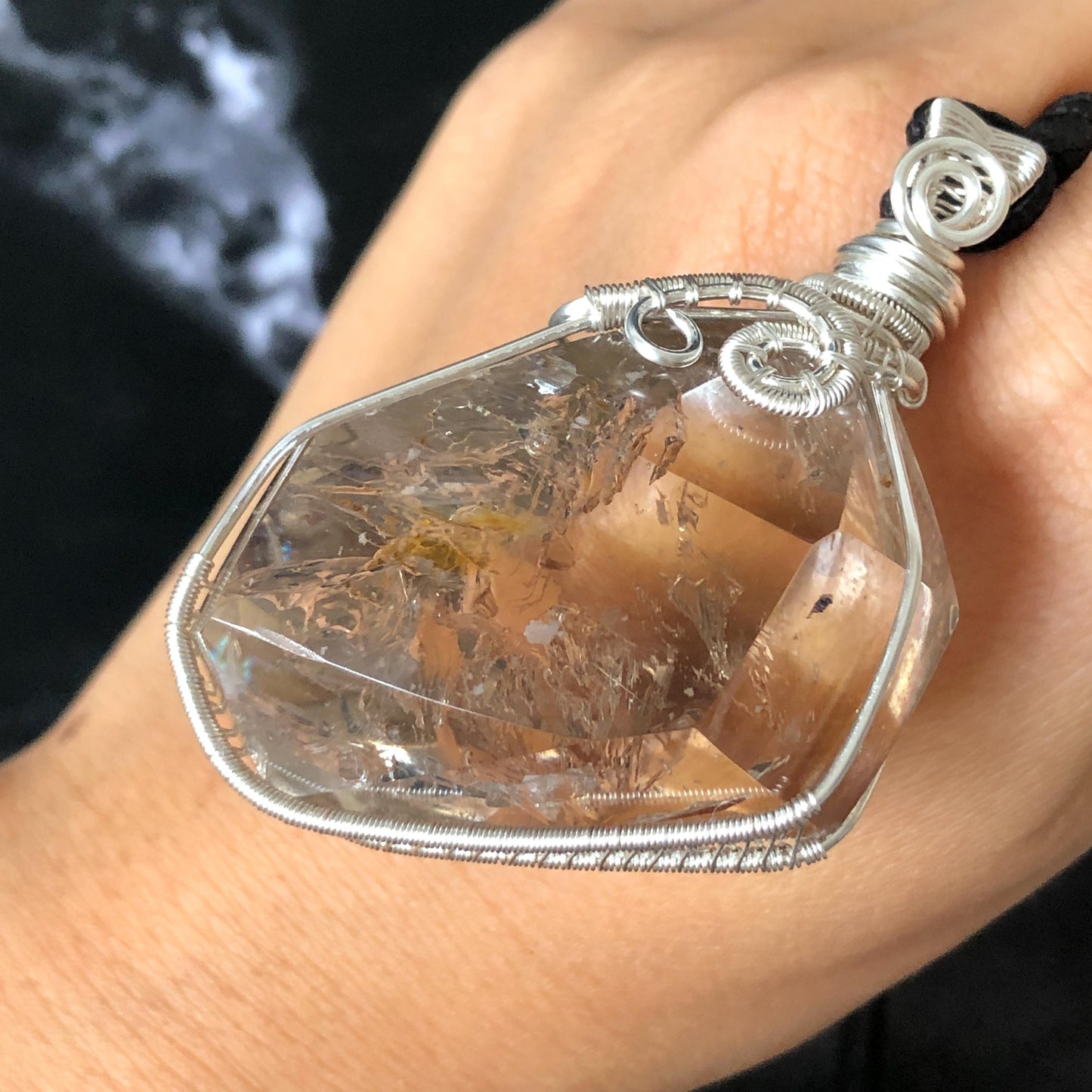 Polished Smoky Enhydro Quartz (Herkimer Diamond) Wrapped Wire Pendant Adjustable Necklace: Rare Moving Yellow Sand & Bubble Inclusion Crystal | Natural Gemstone Birthstone Gift for her enhydro quartz sand water-fall pendant necklace choker gemstone charm stone pendant choker polished stone pendant crystal charm birthstone gift men necklace chakra crystal purify stone minerals specimen adjustable choker mica quartz mica flakes silver wire wrapped pendant yellow hematoid