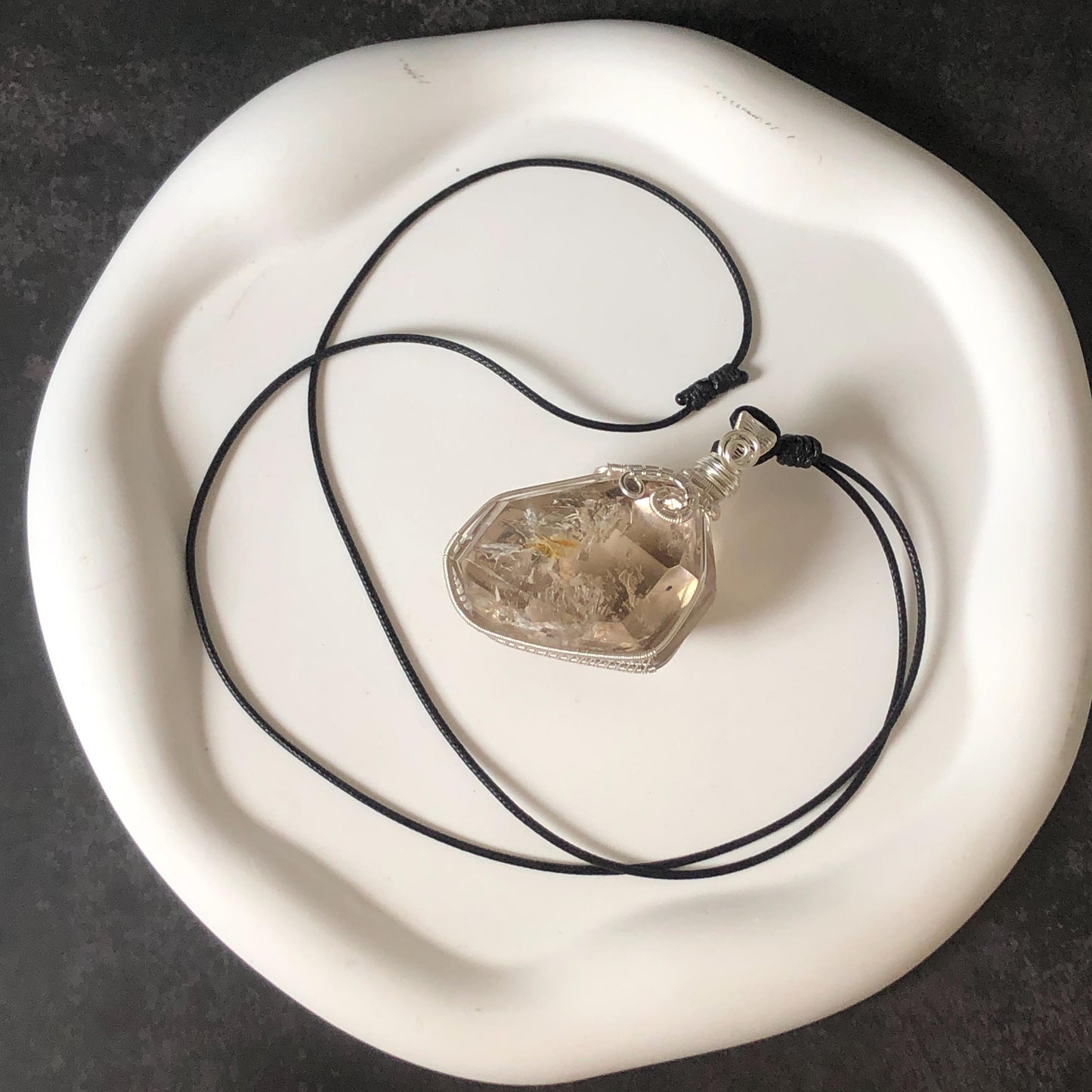 Polished Smoky Enhydro Quartz (Herkimer Diamond) Wrapped Wire Pendant Adjustable Necklace: Rare Moving Yellow Sand & Bubble Inclusion Crystal | Natural Gemstone Birthstone Gift for her enhydro quartz sand water-fall pendant necklace choker gemstone charm stone pendant choker polished stone pendant crystal charm birthstone gift men necklace chakra crystal purify stone minerals specimen adjustable choker mica quartz mica flakes silver wire wrapped pendant yellow hematoid