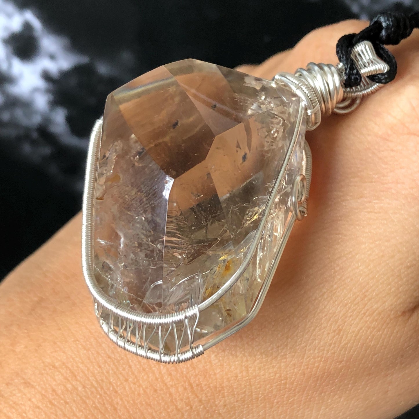 Polished Smoky Enhydro Quartz (Herkimer Diamond) Wrapped Wire Pendant Adjustable Necklace: Rare Moving Yellow Sand & Bubble Inclusion Crystal | Natural Gemstone Birthstone Gift for her enhydro quartz sand water-fall pendant necklace choker gemstone charm stone pendant choker polished stone pendant crystal charm birthstone gift men necklace chakra crystal purify stone minerals specimen adjustable choker mica quartz mica flakes silver wire wrapped pendant yellow hematoid