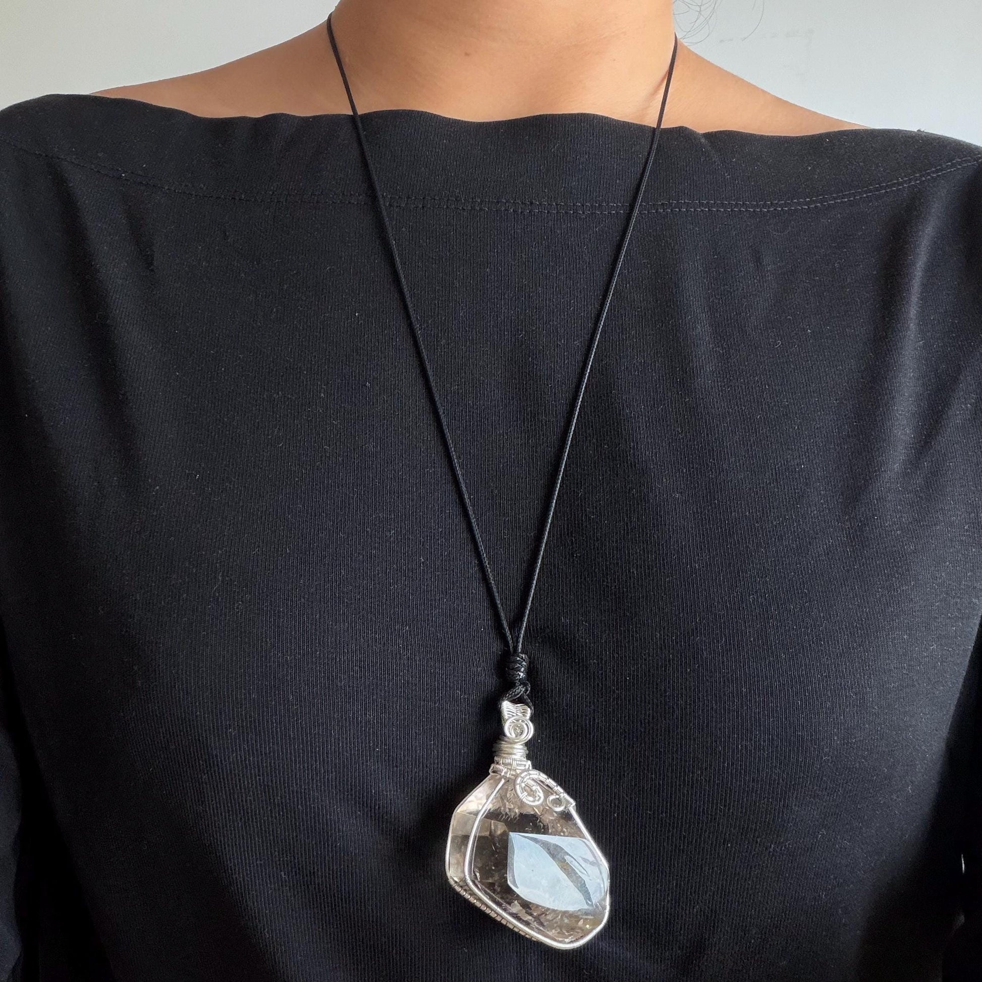 Polished Smoky Enhydro Quartz (Herkimer Diamond) Wrapped Wire Pendant Adjustable Necklace: Rare Moving Yellow Sand & Bubble Inclusion Crystal | Natural Gemstone Birthstone Gift for her enhydro quartz sand water-fall pendant necklace choker gemstone charm stone pendant choker polished stone pendant crystal charm birthstone gift men necklace chakra crystal purify stone minerals specimen adjustable choker mica quartz mica flakes silver wire wrapped pendant yellow hematoid