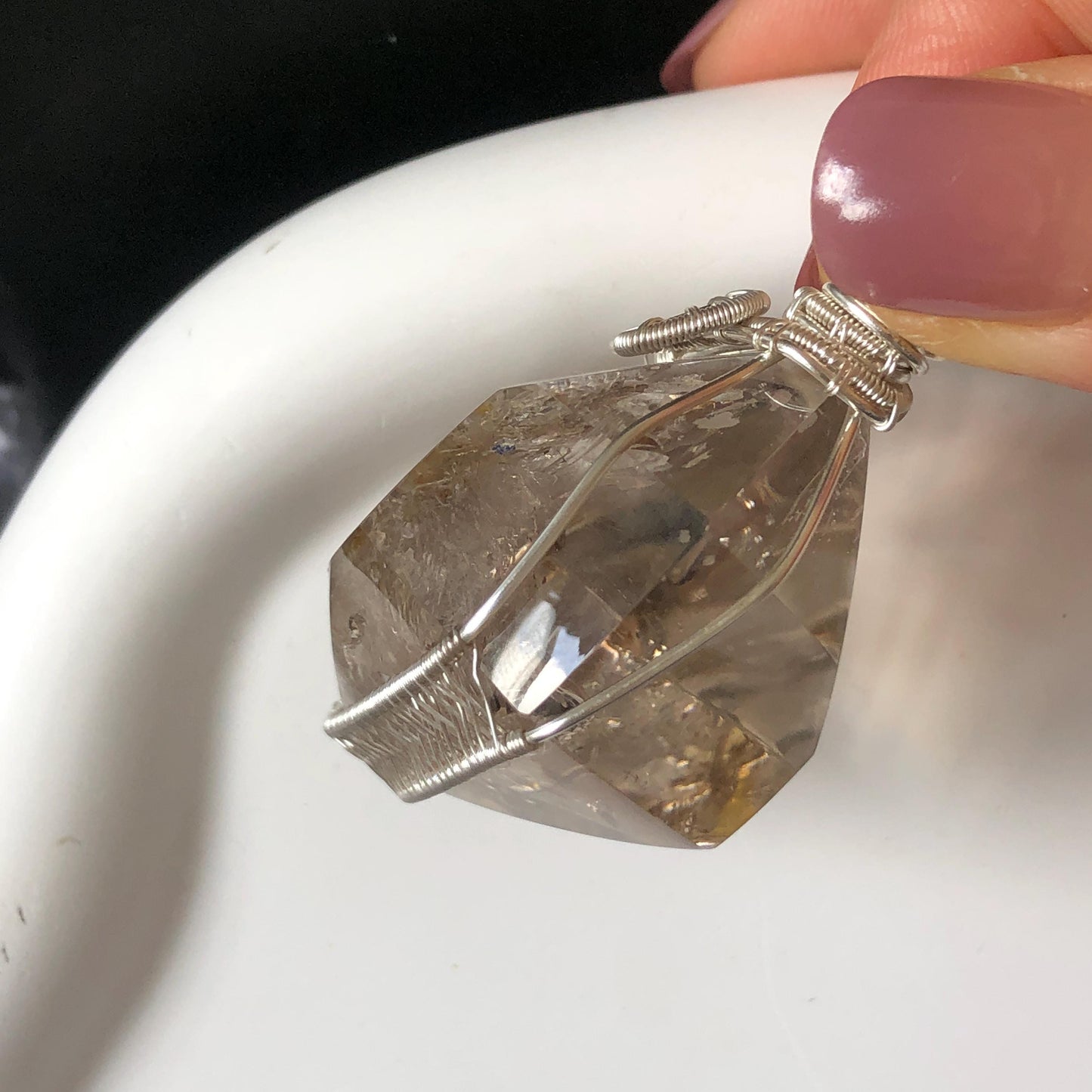 Polished Smoky Enhydro Quartz (Herkimer Diamond) Wrapped Wire Pendant Adjustable Necklace: Rare Moving Yellow Sand & Bubble Inclusion Crystal | Natural Gemstone Birthstone Gift for her enhydro quartz sand water-fall pendant necklace choker gemstone charm stone pendant choker polished stone pendant crystal charm birthstone gift men necklace chakra crystal purify stone minerals specimen adjustable choker mica quartz mica flakes silver wire wrapped pendant yellow hematoid