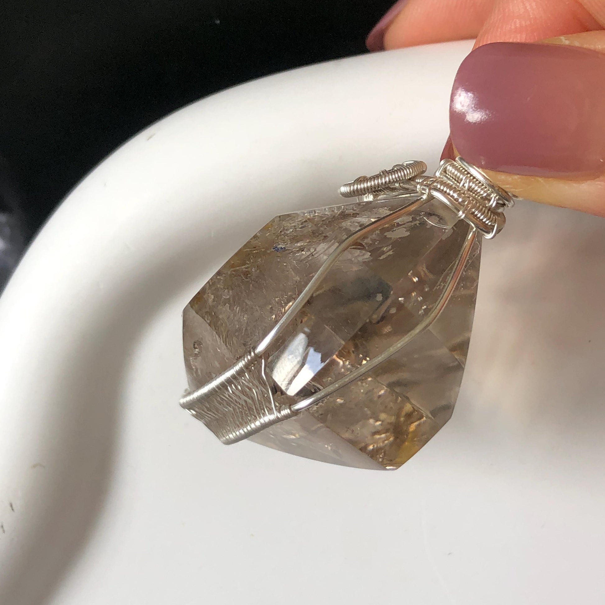 Polished Smoky Enhydro Quartz (Herkimer Diamond) Wrapped Wire Pendant Adjustable Necklace: Rare Moving Yellow Sand & Bubble Inclusion Crystal | Natural Gemstone Birthstone Gift for her enhydro quartz sand water-fall pendant necklace choker gemstone charm stone pendant choker polished stone pendant crystal charm birthstone gift men necklace chakra crystal purify stone minerals specimen adjustable choker mica quartz mica flakes silver wire wrapped pendant yellow hematoid