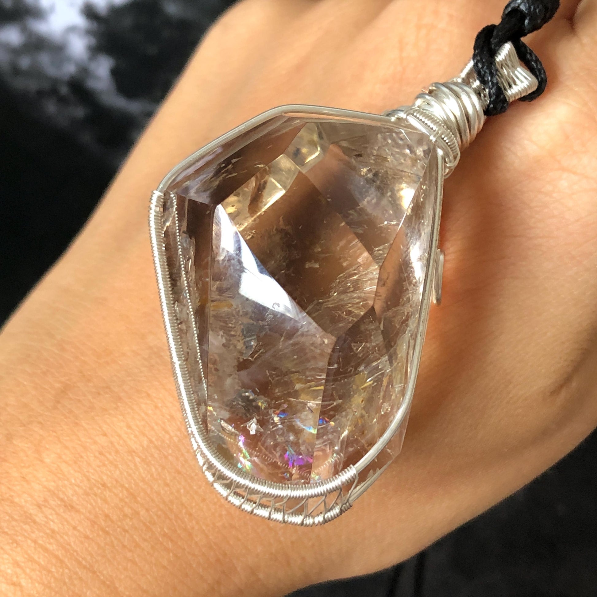 Polished Smoky Enhydro Quartz (Herkimer Diamond) Wrapped Wire Pendant Adjustable Necklace: Rare Moving Yellow Sand & Bubble Inclusion Crystal | Natural Gemstone Birthstone Gift for her enhydro quartz sand water-fall pendant necklace choker gemstone charm stone pendant choker polished stone pendant crystal charm birthstone gift men necklace chakra crystal purify stone minerals specimen adjustable choker mica quartz mica flakes silver wire wrapped pendant yellow hematoid