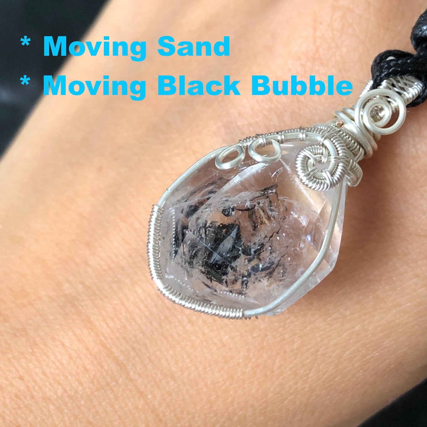 Rare Polished Enhydro Quartz (Herkimer Diamond) Mini Wire Wrapped Pendant Adjustable Necklace | Moving Sand & Black Bubble Inclusion Crystal | Natural Gemstone Birthstone Gift for her enhydro quartz sand water-fall pendant necklace choker gemstone charm stone pendant choker polished stone pendant crystal charm birthstone gift for her men necklace chakra crystal purify stone minerals specimen adjustable choker mica quartz mica flakes silver wire wrapped pendant