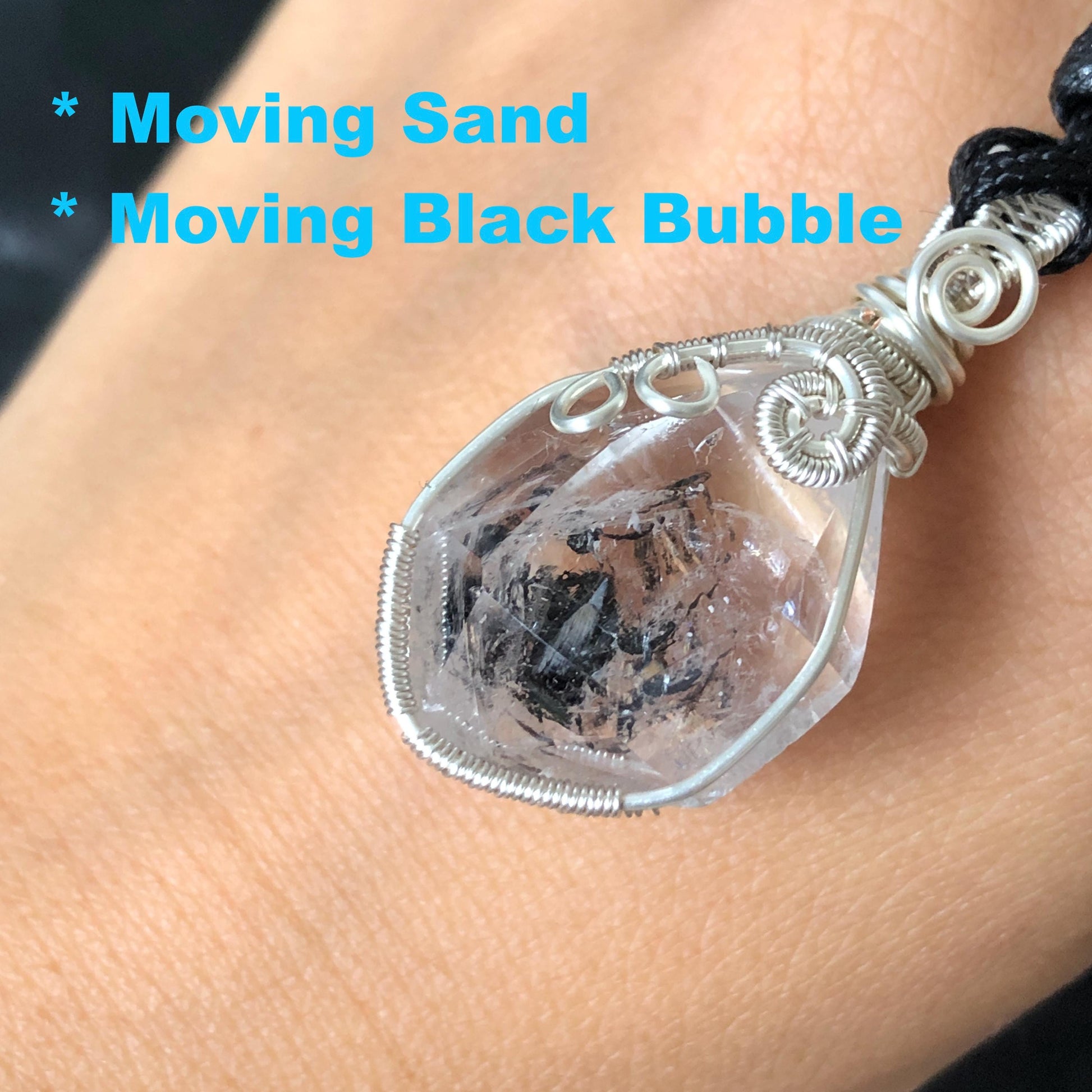 Rare Polished Enhydro Quartz (Herkimer Diamond) Mini Wire Wrapped Pendant Adjustable Necklace | Moving Sand & Black Bubble Inclusion Crystal | Natural Gemstone Birthstone Gift for her enhydro quartz sand water-fall pendant necklace choker gemstone charm stone pendant choker polished stone pendant crystal charm birthstone gift for her men necklace chakra crystal purify stone minerals specimen adjustable choker mica quartz mica flakes silver wire wrapped pendant