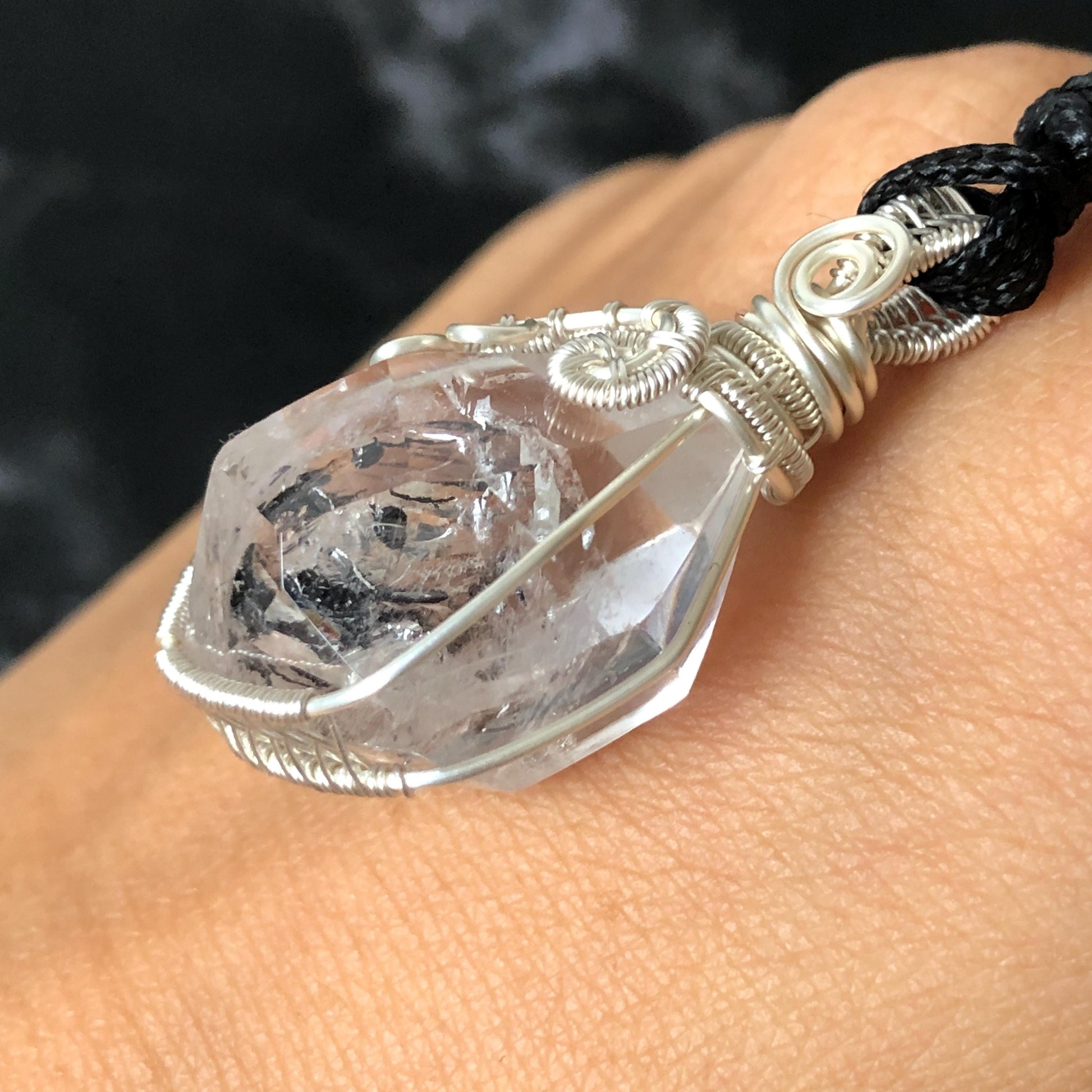 Rare Polished Enhydro Quartz (Herkimer Diamond) Mini Wire Wrapped Pendant Adjustable Necklace | Moving Sand & Black Bubble Inclusion Crystal | Natural Gemstone Birthstone Gift for her enhydro quartz sand water-fall pendant necklace choker gemstone charm stone pendant choker polished stone pendant crystal charm birthstone gift for her men necklace chakra crystal purify stone minerals specimen adjustable choker mica quartz mica flakes silver wire wrapped pendant