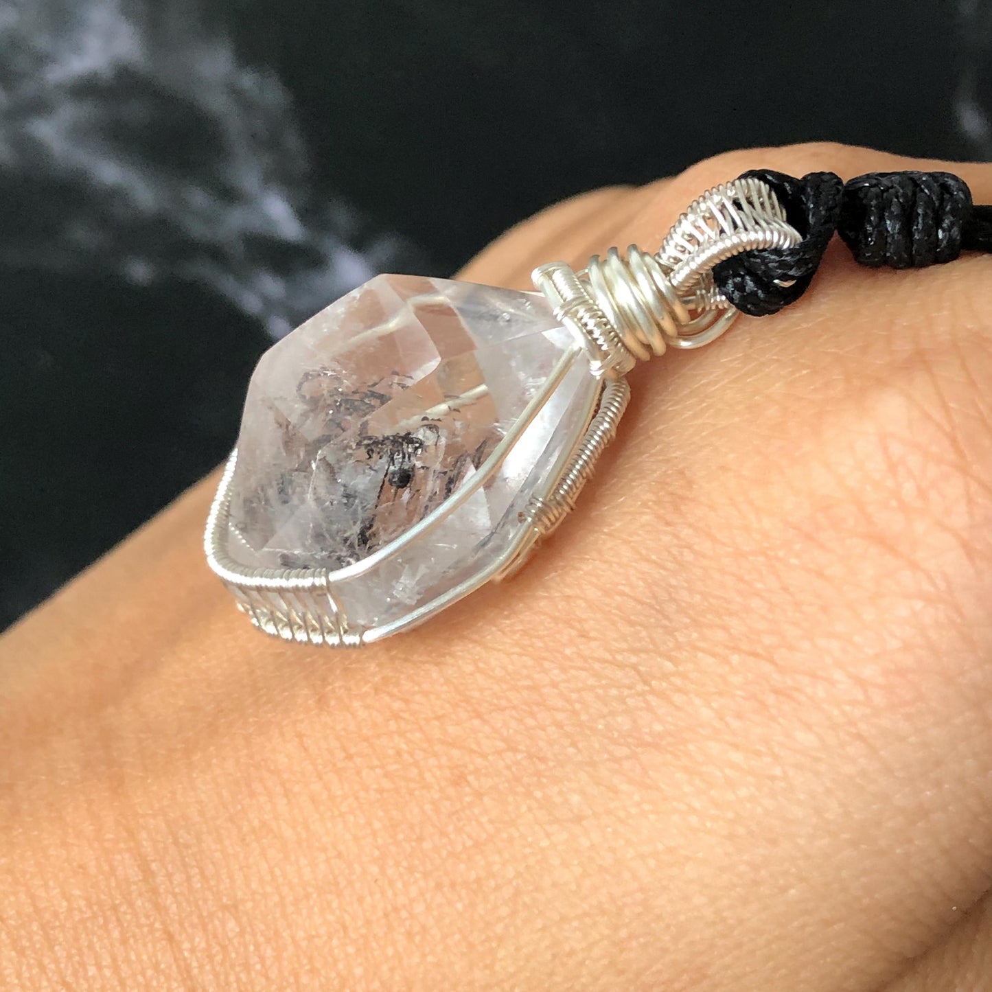 Rare Polished Enhydro Quartz (Herkimer Diamond) Mini Wire Wrapped Pendant Adjustable Necklace | Moving Sand & Black Bubble Inclusion Crystal | Natural Gemstone Birthstone Gift for her enhydro quartz sand water-fall pendant necklace choker gemstone charm stone pendant choker polished stone pendant crystal charm birthstone gift for her men necklace chakra crystal purify stone minerals specimen adjustable choker mica quartz mica flakes silver wire wrapped pendant
