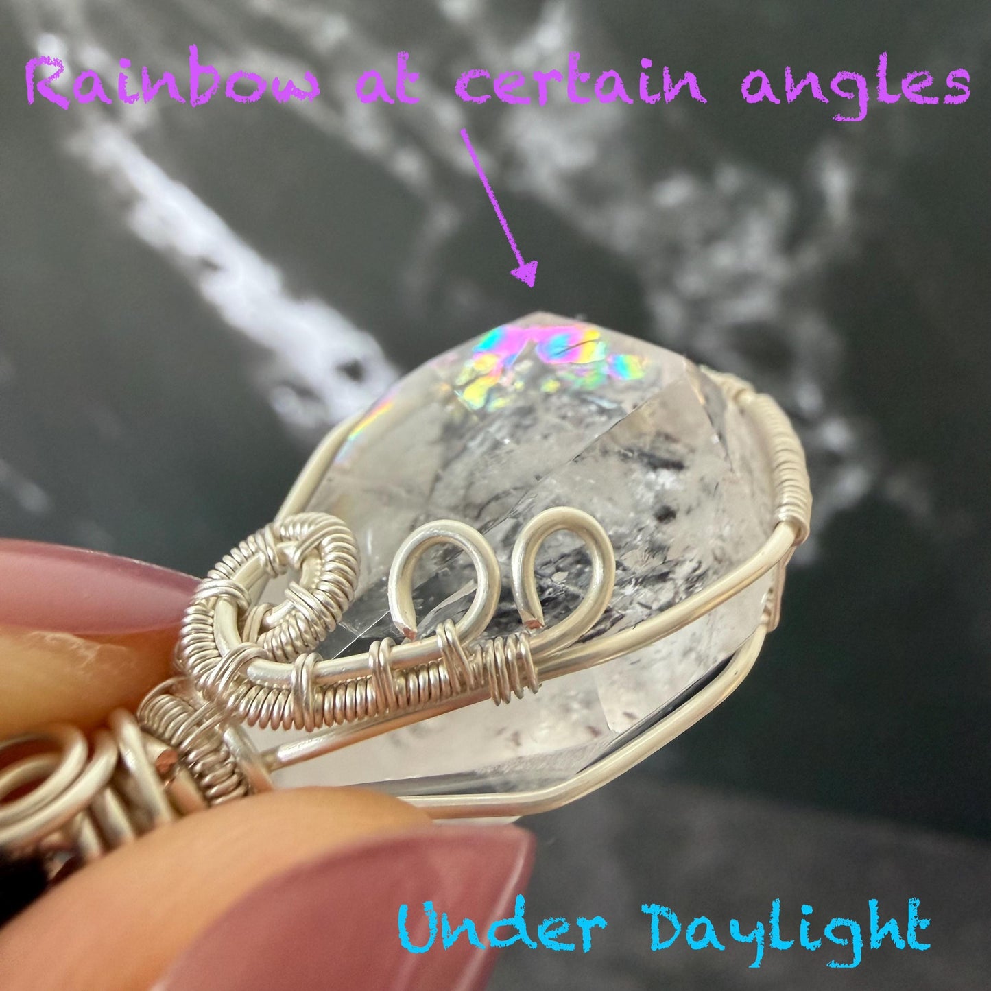 Rare Polished Enhydro Quartz (Herkimer Diamond) Mini Wire Wrapped Pendant Adjustable Necklace | Moving Sand & Black Bubble Inclusion Crystal | Natural Gemstone Birthstone Gift for her enhydro quartz sand water-fall pendant necklace choker gemstone charm stone pendant choker polished stone pendant crystal charm birthstone gift for her men necklace chakra crystal purify stone minerals specimen adjustable choker mica quartz mica flakes silver wire wrapped pendant