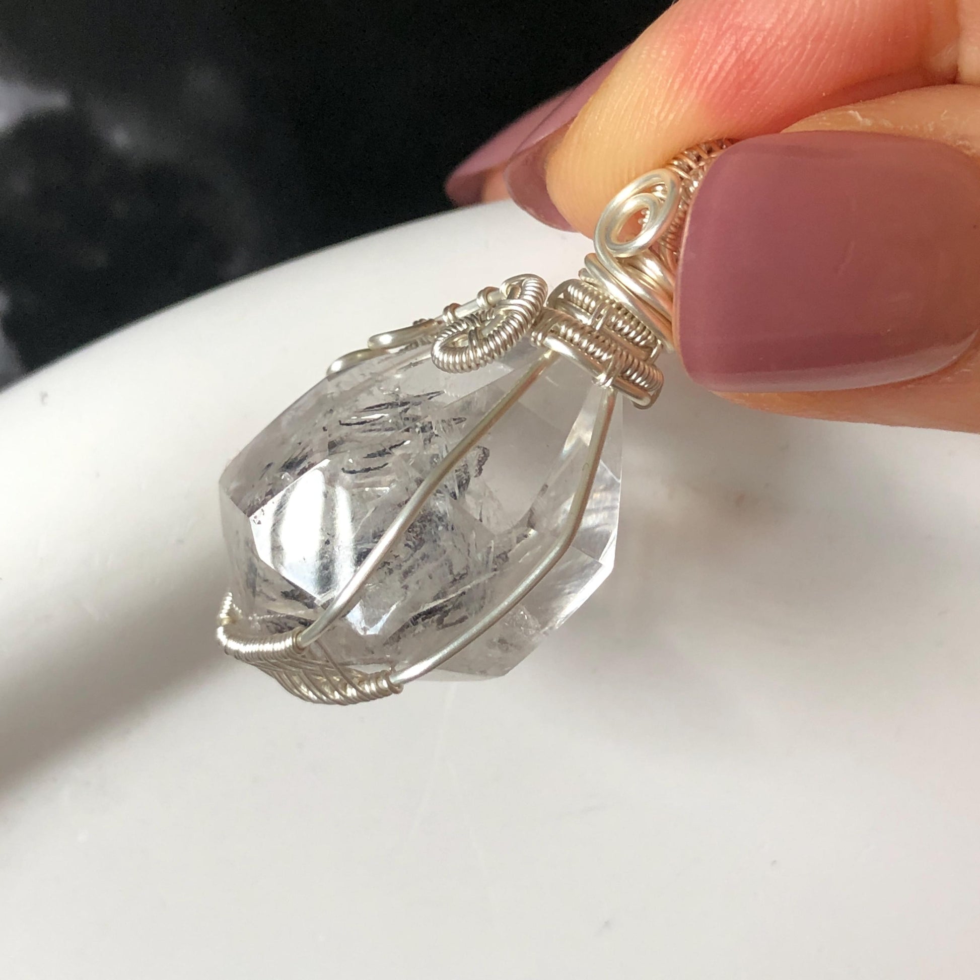 Rare Polished Enhydro Quartz (Herkimer Diamond) Mini Wire Wrapped Pendant Adjustable Necklace | Moving Sand & Black Bubble Inclusion Crystal | Natural Gemstone Birthstone Gift for her enhydro quartz sand water-fall pendant necklace choker gemstone charm stone pendant choker polished stone pendant crystal charm birthstone gift for her men necklace chakra crystal purify stone minerals specimen adjustable choker mica quartz mica flakes silver wire wrapped pendant