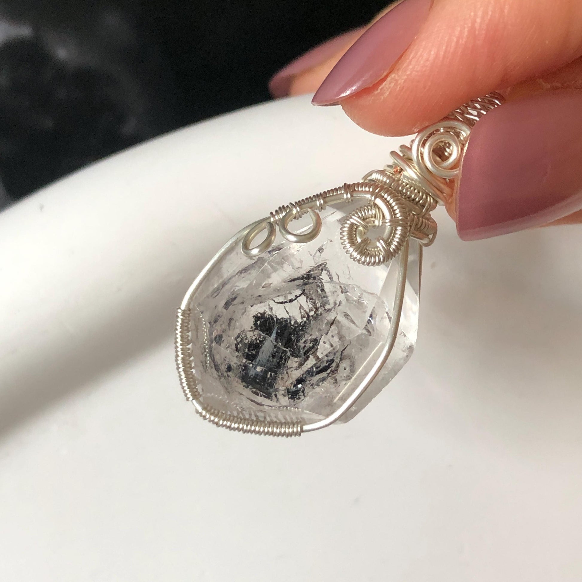 Rare Polished Enhydro Quartz (Herkimer Diamond) Mini Wire Wrapped Pendant Adjustable Necklace | Moving Sand & Black Bubble Inclusion Crystal | Natural Gemstone Birthstone Gift for her enhydro quartz sand water-fall pendant necklace choker gemstone charm stone pendant choker polished stone pendant crystal charm birthstone gift for her men necklace chakra crystal purify stone minerals specimen adjustable choker mica quartz mica flakes silver wire wrapped pendant