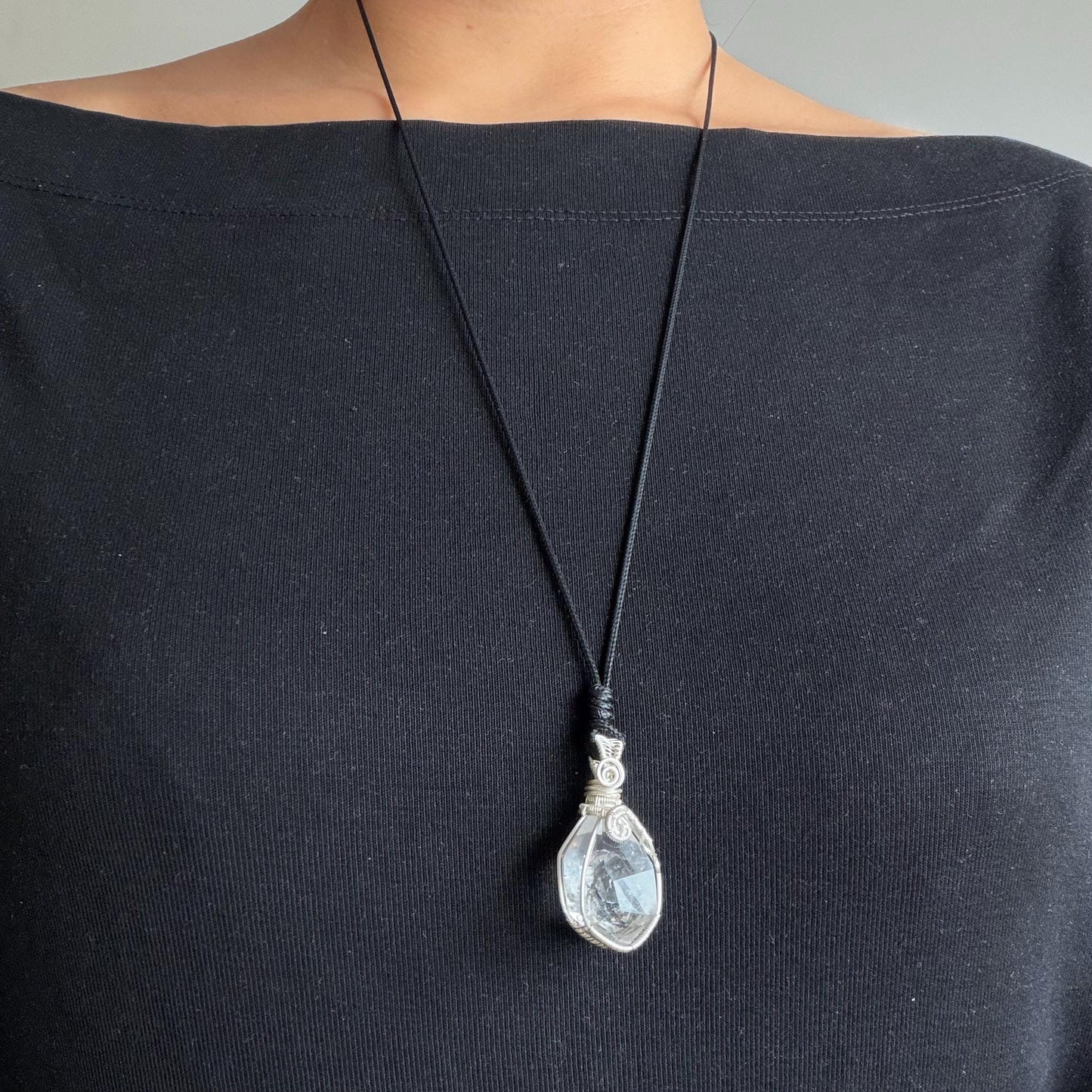 Rare Polished Enhydro Quartz (Herkimer Diamond) Mini Wire Wrapped Pendant Adjustable Necklace | Moving Sand & Black Bubble Inclusion Crystal | Natural Gemstone Birthstone Gift for her enhydro quartz sand water-fall pendant necklace choker gemstone charm stone pendant choker polished stone pendant crystal charm birthstone gift for her men necklace chakra crystal purify stone minerals specimen adjustable choker mica quartz mica flakes silver wire wrapped pendant