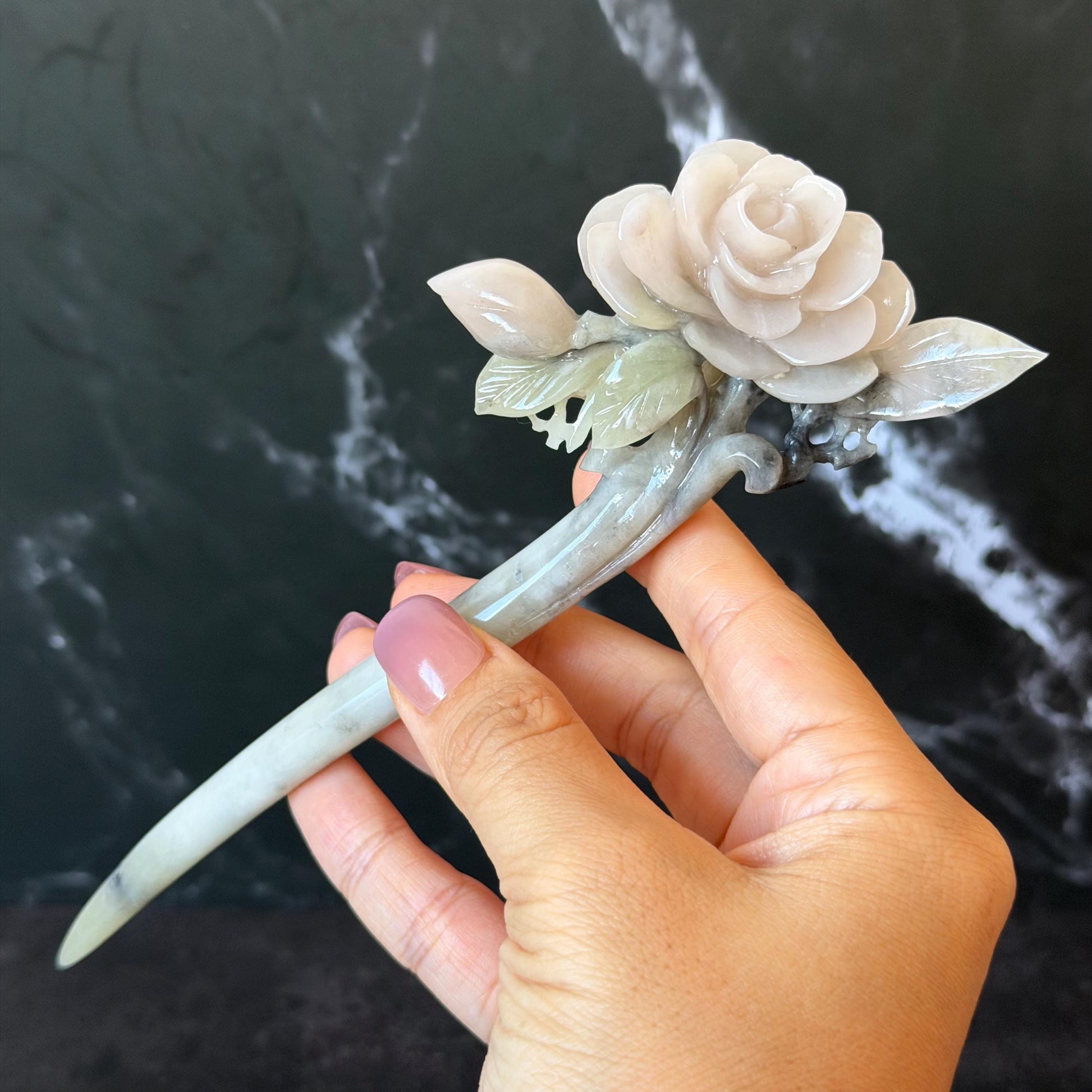 Xiu Jade Serpentine Hand Carved Pink Camellia Flower Hair Pin:  Natural Pink & Green Jade Handcrafted Hair Stick | Asian Vintage Hair Fork | Gift for her hand engraved peony carving flower carving pink jade green jade carving chinese hair fork japanese hair stick korean hair pin vintage hair comb bridal hair clip wedding headpiece bridal shower gift hairpins 3D carving natural untreated jade engagement hair jewelry handcrafted jade antique jade hair stick