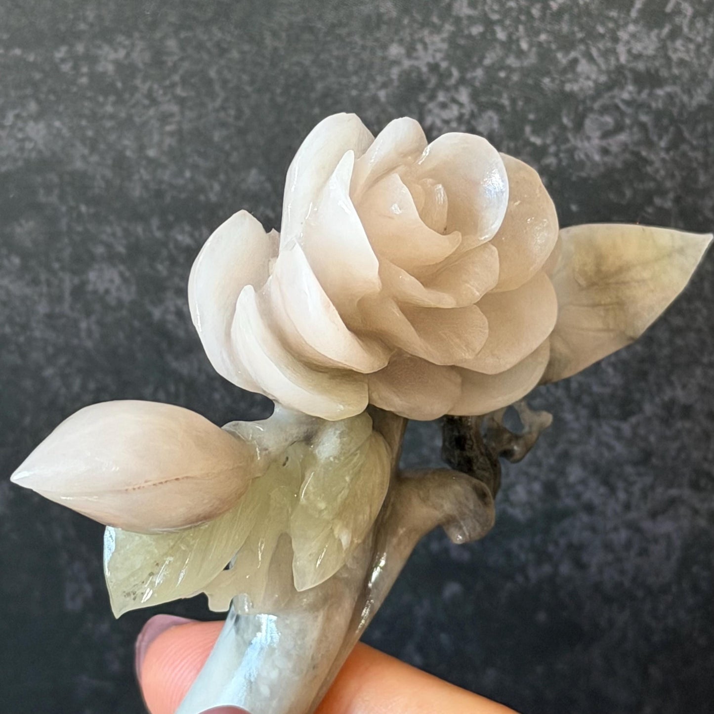 Xiu Jade Serpentine Hand Carved Pink Camellia Flower Hair Pin:  Natural Pink & Green Jade Handcrafted Hair Stick | Asian Vintage Hair Fork | Gift for her hand engraved peony carving flower carving pink jade green jade carving chinese hair fork japanese hair stick korean hair pin vintage hair comb bridal hair clip wedding headpiece bridal shower gift hairpins 3D carving natural untreated jade engagement hair jewelry handcrafted jade antique jade hair stick