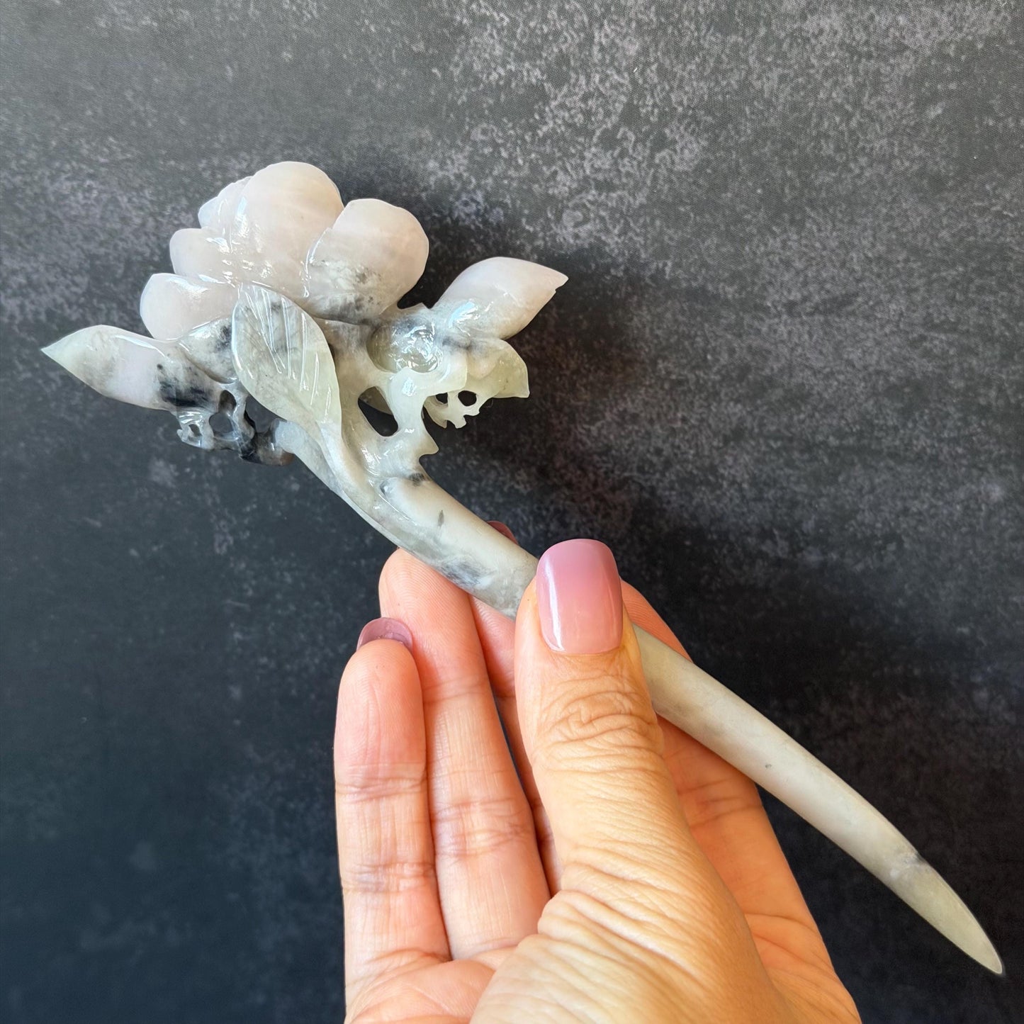 Xiu Jade Serpentine Hand Carved Pink Camellia Flower Hair Pin:  Natural Pink & Green Jade Handcrafted Hair Stick | Asian Vintage Hair Fork | Gift for her hand engraved peony carving flower carving pink jade green jade carving chinese hair fork japanese hair stick korean hair pin vintage hair comb bridal hair clip wedding headpiece bridal shower gift hairpins 3D carving natural untreated jade engagement hair jewelry handcrafted jade antique jade hair stick