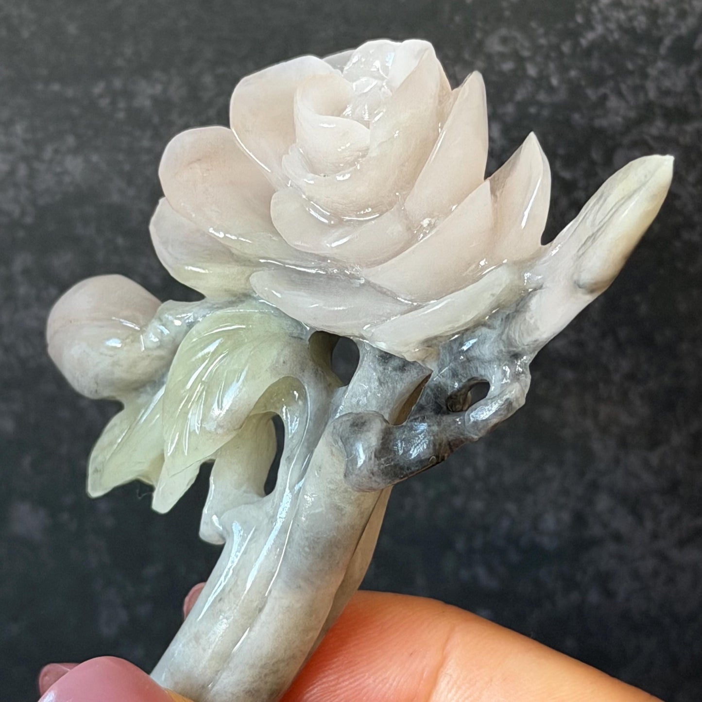 Xiu Jade Serpentine Hand Carved Pink Camellia Flower Hair Pin:  Natural Pink & Green Jade Handcrafted Hair Stick | Asian Vintage Hair Fork | Gift for her hand engraved peony carving flower carving pink jade green jade carving chinese hair fork japanese hair stick korean hair pin vintage hair comb bridal hair clip wedding headpiece bridal shower gift hairpins 3D carving natural untreated jade engagement hair jewelry handcrafted jade antique jade hair stick