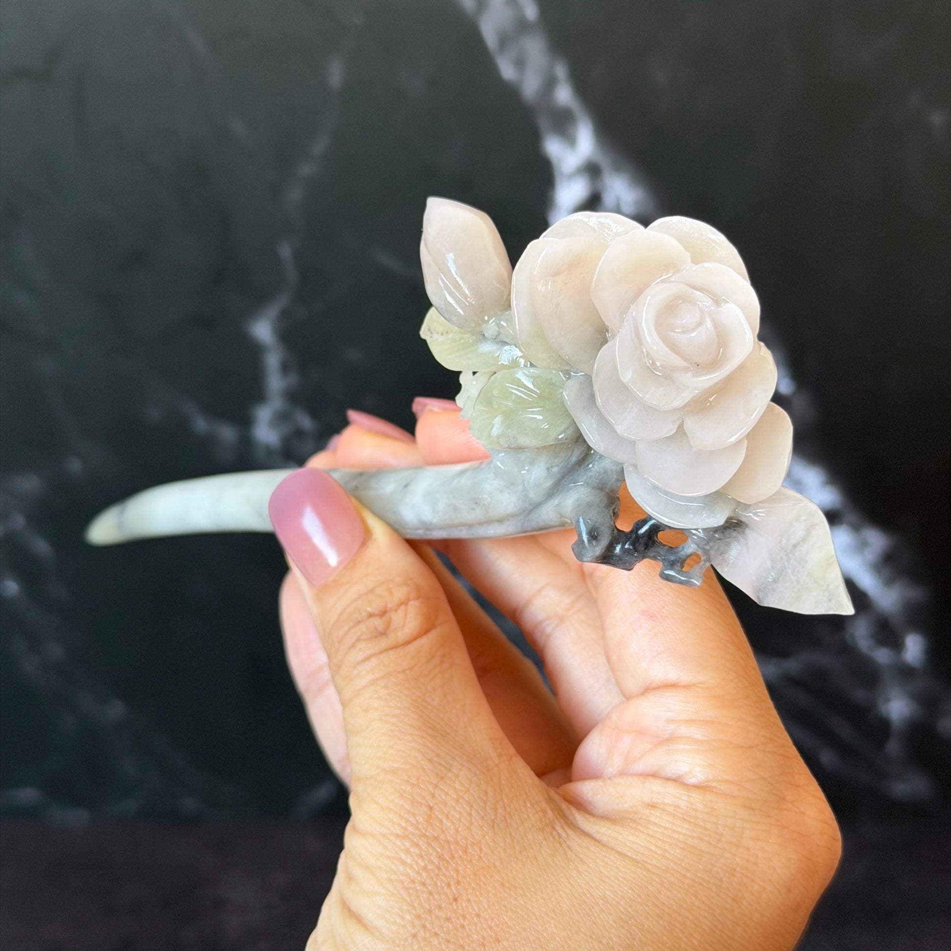 Xiu Jade Serpentine Hand Carved Pink Camellia Flower Hair Pin: Natural Pink & Green Jade Handcrafted Vintage Hanfu Hair Stick