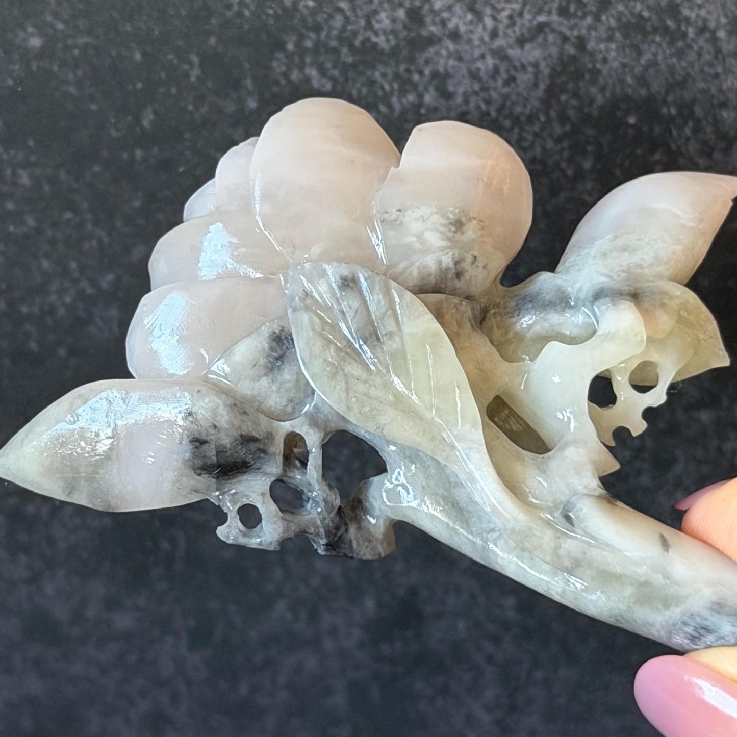 Xiu Jade Serpentine Hand Carved Pink Camellia Flower Hair Pin:  Natural Pink & Green Jade Handcrafted Hair Stick | Asian Vintage Hair Fork | Gift for her hand engraved peony carving flower carving pink jade green jade carving chinese hair fork japanese hair stick korean hair pin vintage hair comb bridal hair clip wedding headpiece bridal shower gift hairpins 3D carving natural untreated jade engagement hair jewelry handcrafted jade antique jade hair stick