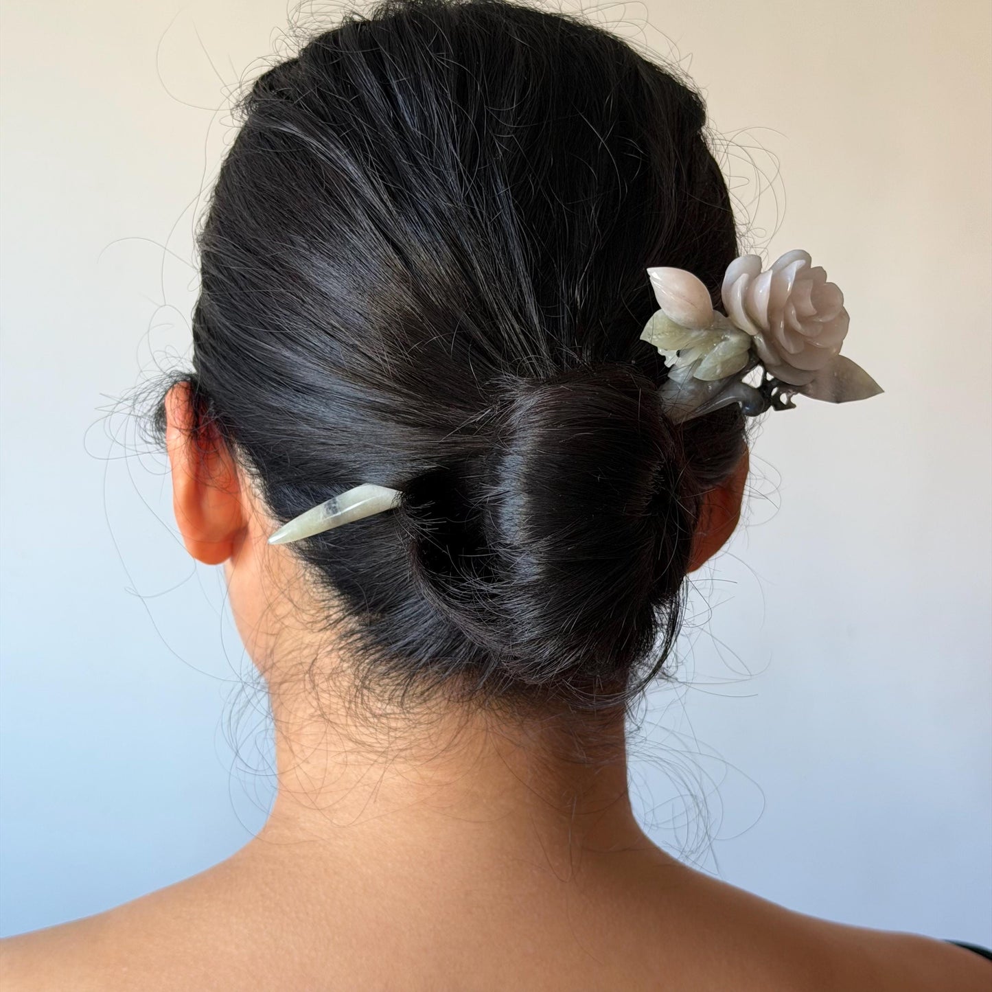 Xiu Jade Serpentine Hand Carved Pink Camellia Flower Hair Pin:  Natural Pink & Green Jade Handcrafted Hair Stick | Asian Vintage Hair Fork | Gift for her hand engraved peony carving flower carving pink jade green jade carving chinese hair fork japanese hair stick korean hair pin vintage hair comb bridal hair clip wedding headpiece bridal shower gift hairpins 3D carving natural untreated jade engagement hair jewelry handcrafted jade antique jade hair stick